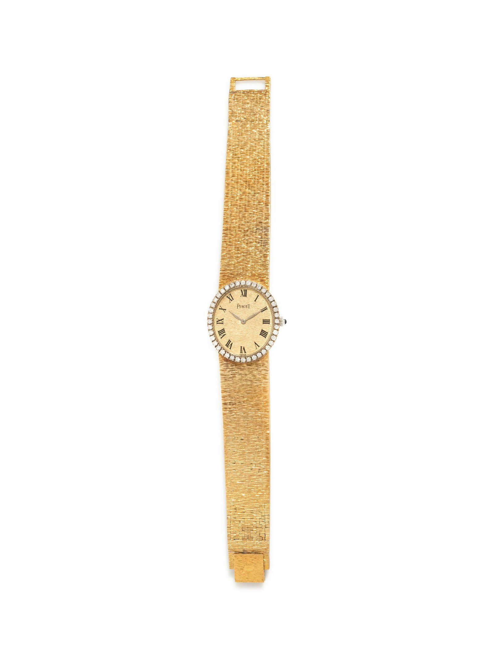 PIAGET, YELLOW GOLD AND DIAMOND WRISTWATCH: PIAGET, YELLOW GOLD AND DIAMOND WRISTWATCH The bezel containing 40 round brilliant cut diamonds weighing approximately 0.25 carat total, 27.00 x 24.00 mm case dimensions, textured gold dial signed PIA