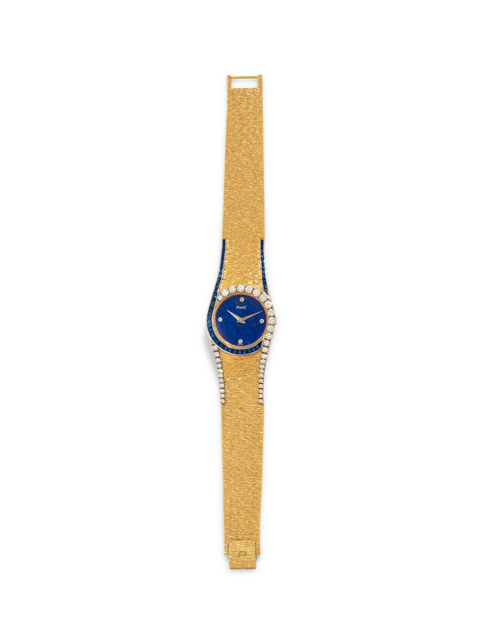 PIAGET, 18K YELLOW GOLD, LAPIS LAZULI, SAPPHIRE AND: PIAGET, 18K YELLOW GOLD, LAPIS LAZULI, SAPPHIRE AND DIAMOND WRISTWATCH The bezel and bracelet containing 35 round brilliant cut diamonds weighing approximately 1.25 carats total and 43 calibre cut sap