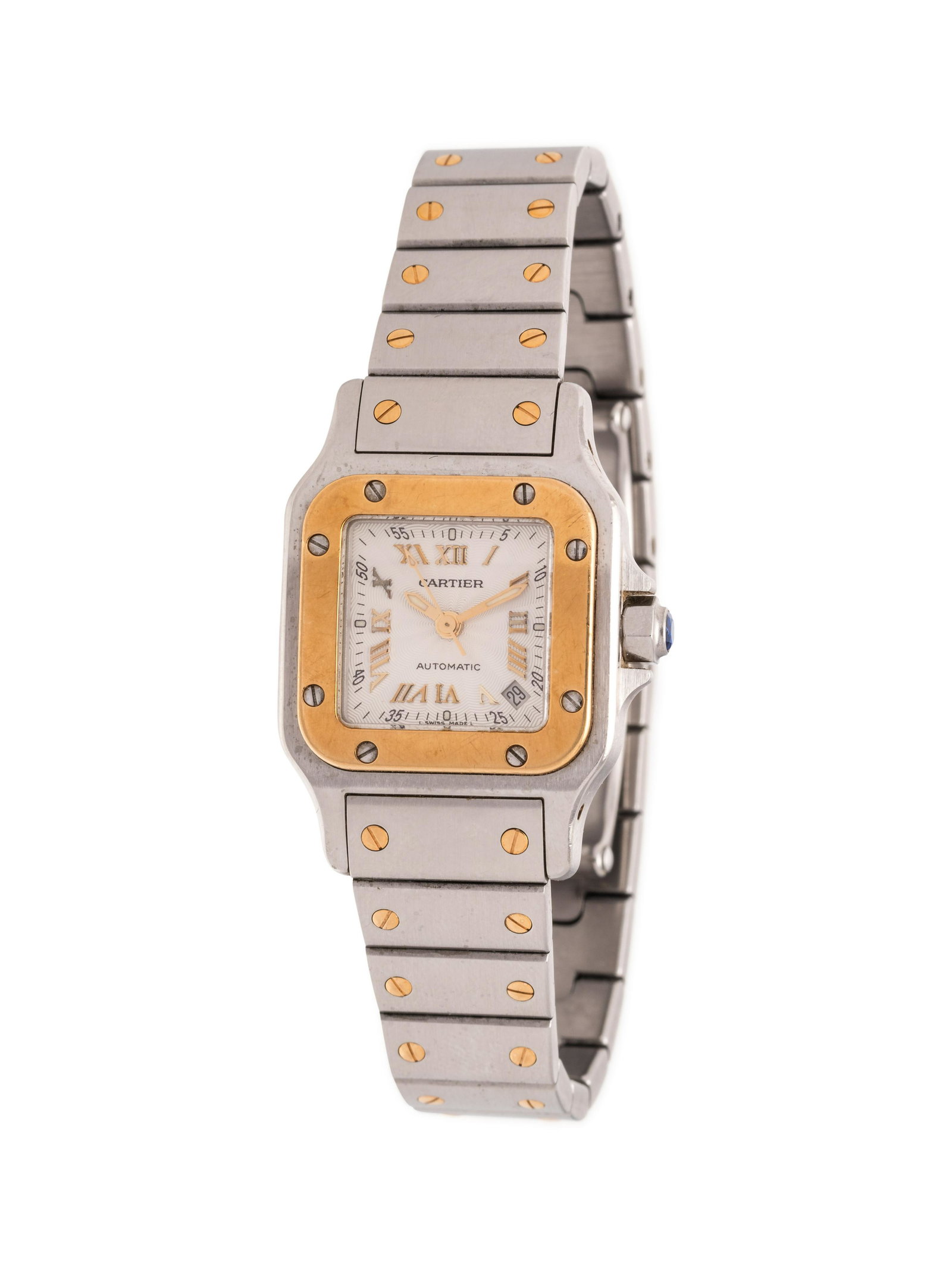 CARTIER, STAINLESS STEEL AND YELLOW GOLD 'SANTOS': CARTIER, STAINLESS STEEL AND YELLOW GOLD 'SANTOS' WRISTWATCH 36.00 x 24.00 case dimensions inclusive of lugs, white guilloche dial signed CARTIER, applied gold Roman numerals, luminous gold sword hand
