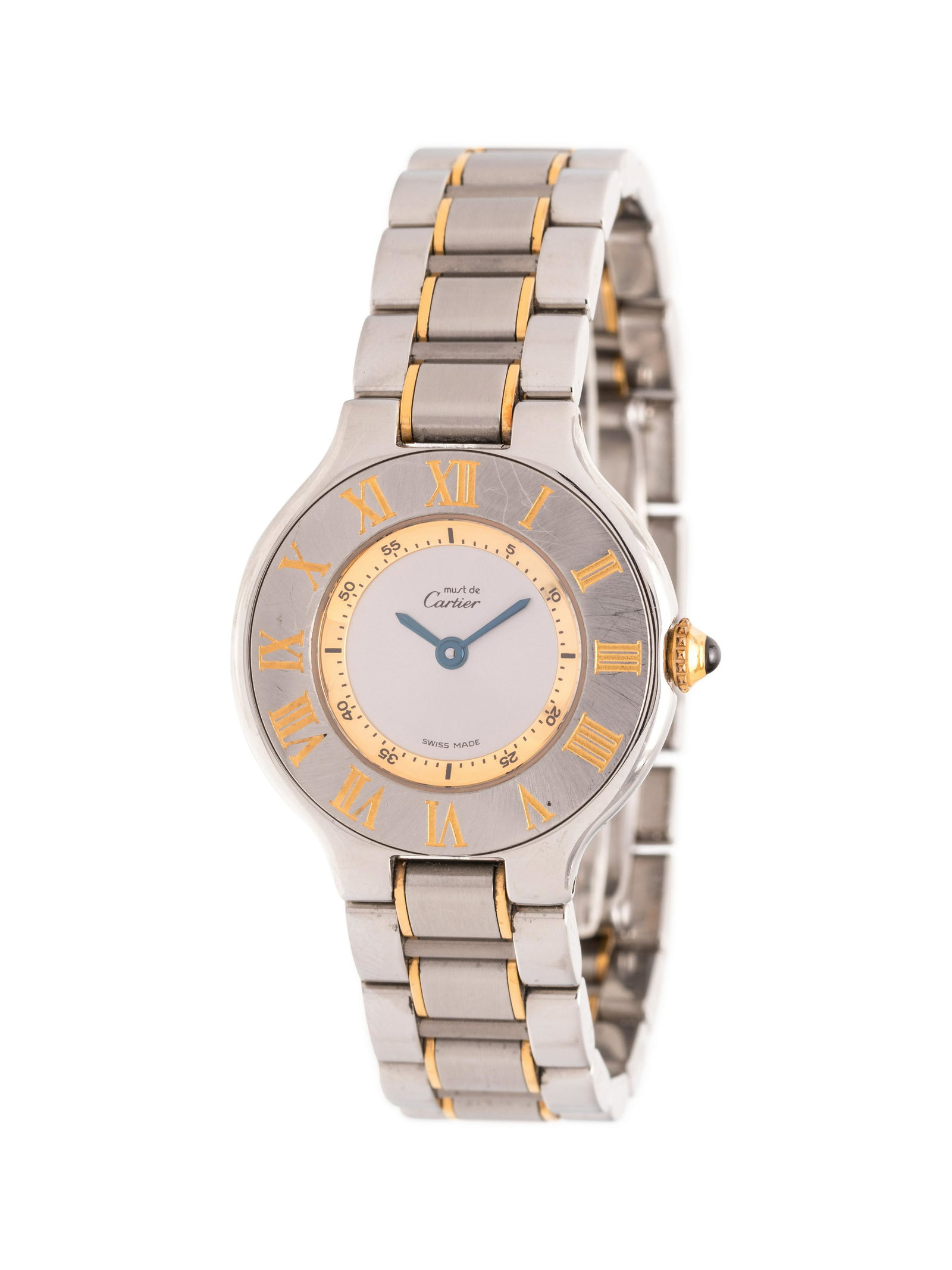CARTIER, STAINLESS STEEL AND YELLOW GOLD 'MUST DE: CARTIER, STAINLESS STEEL AND YELLOW GOLD 'MUST DE CARTIER 21' WRISTWATCH 28.00 mm case diameter, silvered dial signed must de Cartier, blued steel sword hands, Arabic minute markers on inner rim of be