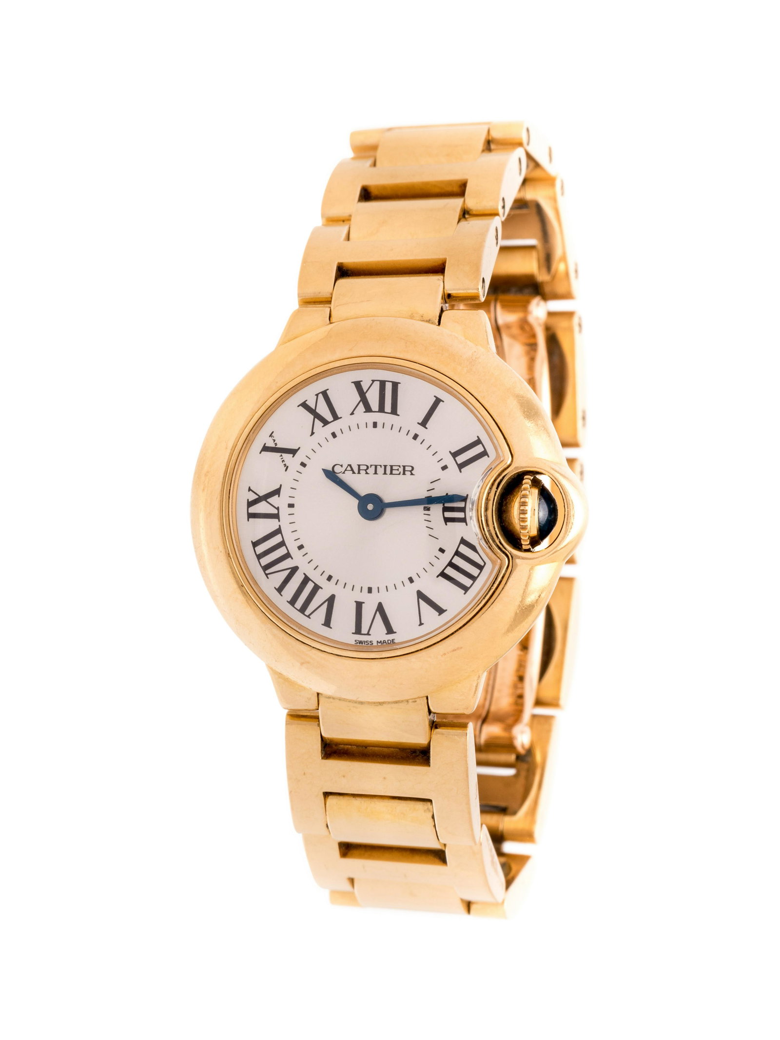 CARTIER, 18K YELLOW GOLD 'BALLON BLEU' WRISTWATCH: CARTIER, 18K YELLOW GOLD 'BALLON BLEU' WRISTWATCH 28.00 mm case diameter, silvered dial signed CARTIER with secret signature at 10 o'clock, black Roman numerals, blued steel sword hands, case back aff