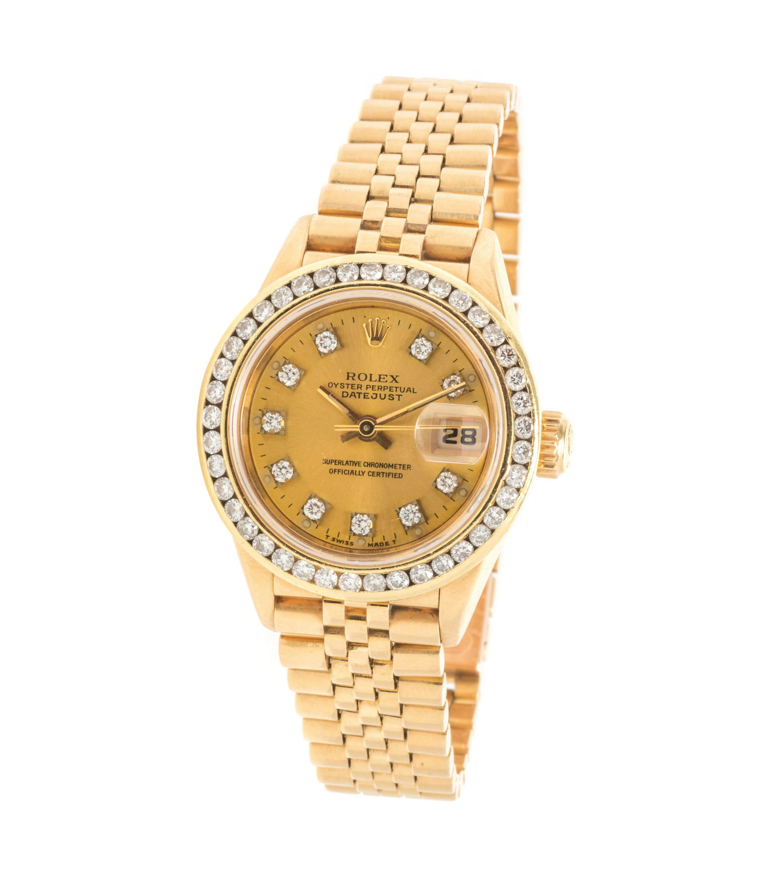 ROLEX, 18K YELLOW GOLD AND DIAMOND REF. 69178 'OYSTER: ROLEX, 18K YELLOW GOLD AND DIAMOND REF. 69178 'OYSTER PERPETUAL DATEJUST' WRISTWATCH, CIRCA 1990 The bezel containing 41 round brilliant cut diamonds weighing approximately 0.40 carat total, 26.00 mm