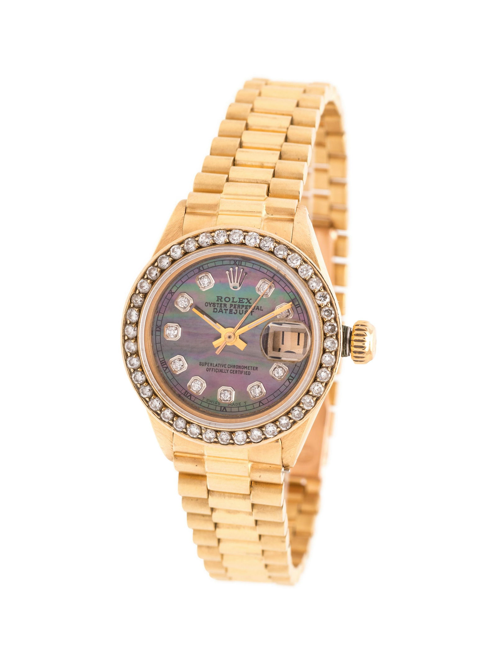 ROLEX, 18K YELLOW GOLD REF. 6917 'OYSTER PERPETUAL: ROLEX, 18K YELLOW GOLD REF. 6917 'OYSTER PERPETUAL DATEJUST' WRISTWATCH The bezel containing 41 round brilliant cut diamonds weighing approximately 0.40 carat total, 26.00 mm case diameter, black moth