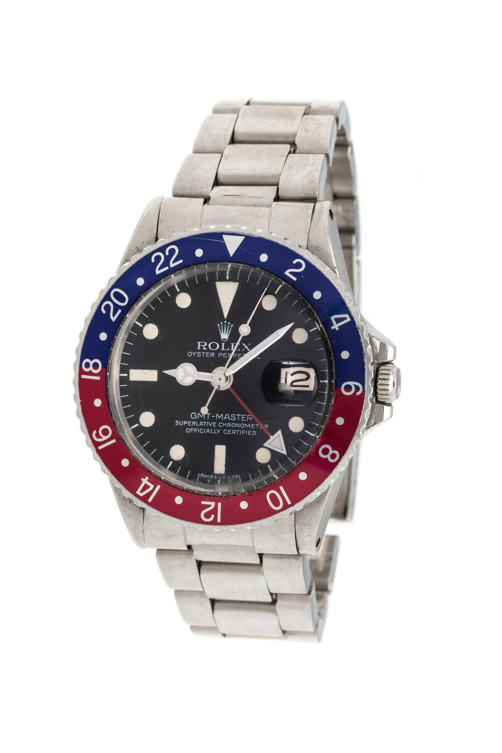 ROLEX, STAINLESS STEEL REF. 1675 GMT-MASTER 'PEPSI': ROLEX, STAINLESS STEEL REF. 1675 GMT-MASTER 'PEPSI' WRISTWATCH, CIRCA 1968 40.00 mm case diameter, black dial signed ROLEX, luminous dot and triangular numerals, luminous pencil and mercedes hands wit