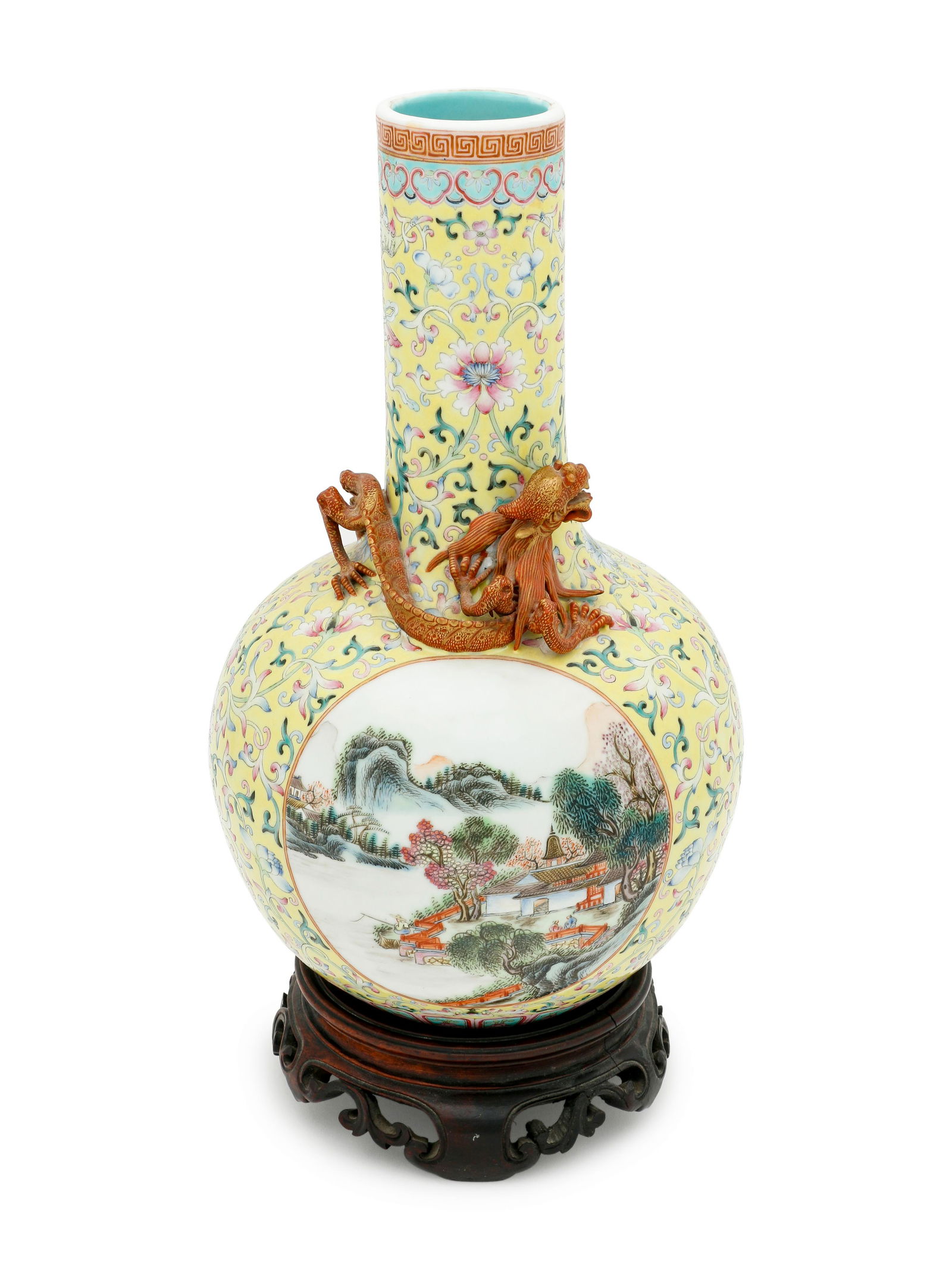 A Famille Jaune Porcelain Bottle Vase Height 13 1/2: A Famille Jaune Porcelain Bottle Vase REPUBLICAN PERIOD (1912-1949) Height 13 1/2 in., 34.3 cm. the compressed globular body rising from a short foot to a long slender neck, coiled around the base of