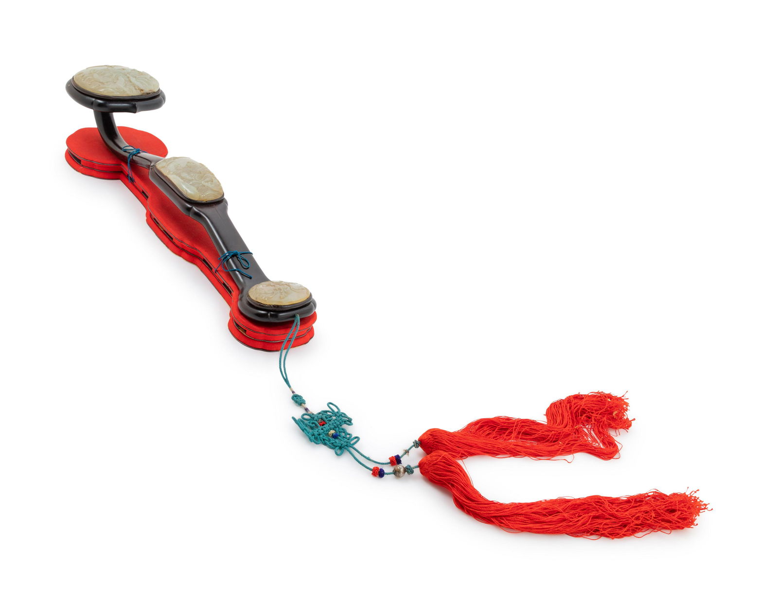 A Pale Celadon Jade Inset Rosewood Ruyi Scepter Length (1 of 3)