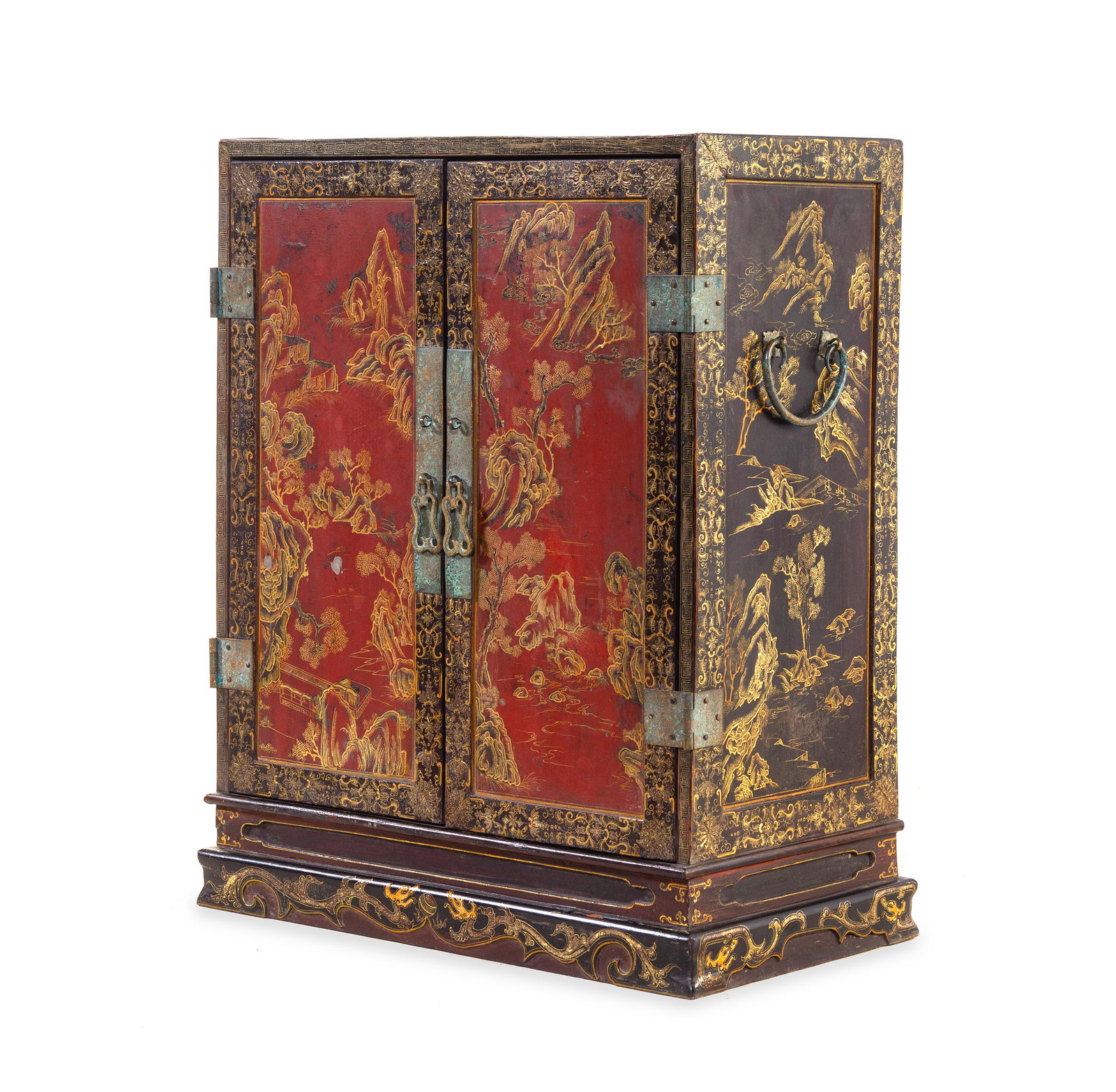 A Polychrome and Gilt Lacquered: A Polychrome and Gilt Lacquered 'Landscape' Kang Cabinet Height 26 3/4 in., 68 cm. of rectangular form with two single-panel doors which open to reveal the interior buddhist altar surrounded by seven 
