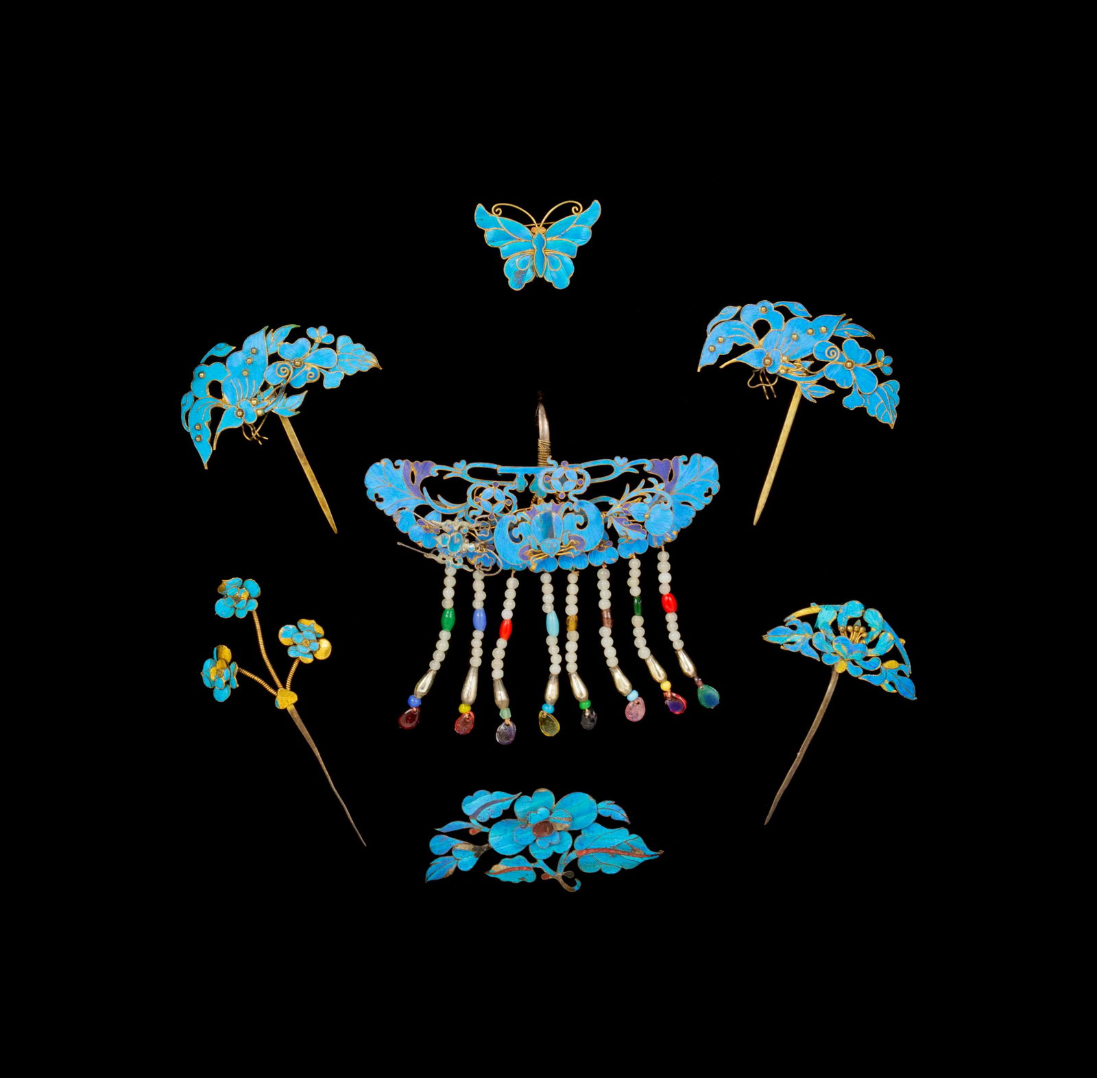 A Set of Seven Kingfisher Feather Jewelry (1 of 2)