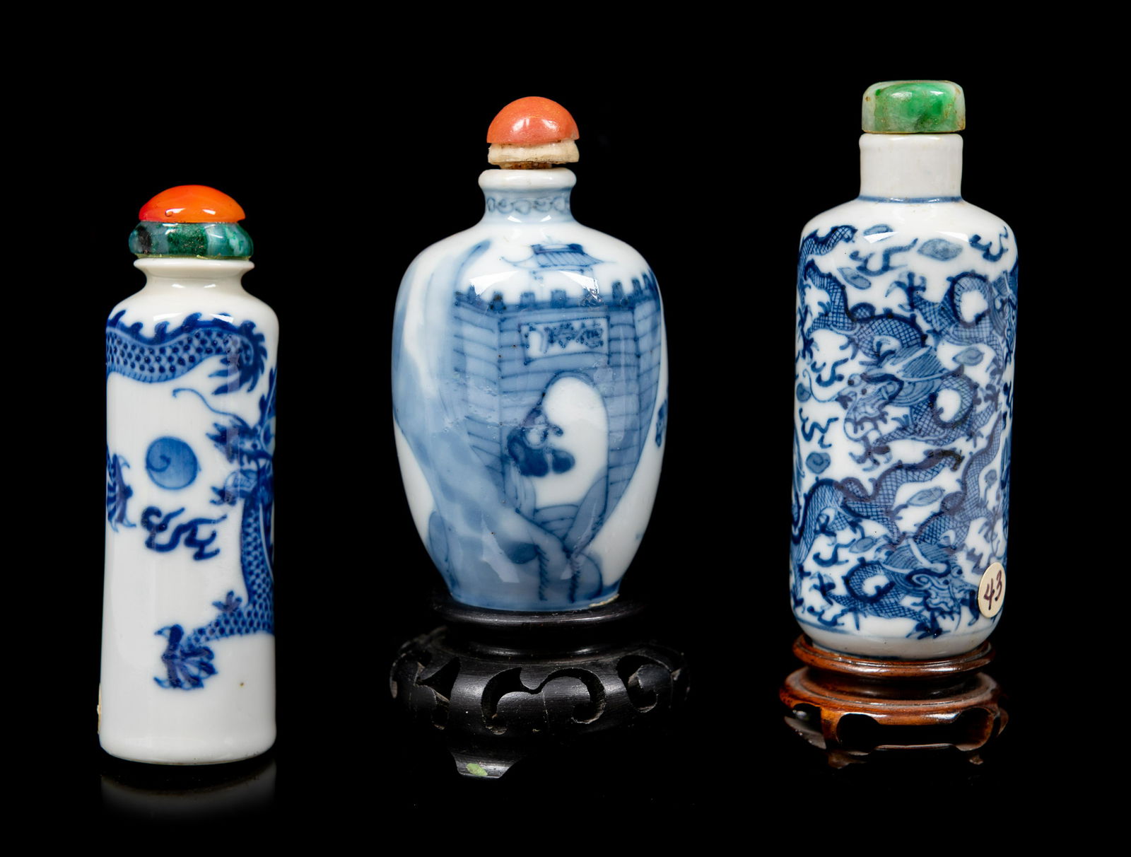 Three Blue and White Porcelain Snuff Bottles Largest: (1 of 2)
