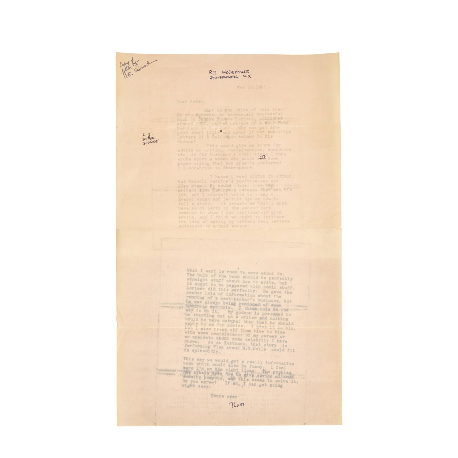 Wodehouse, P.G., Photocopy of a letter to His Editor, (1 of 1)