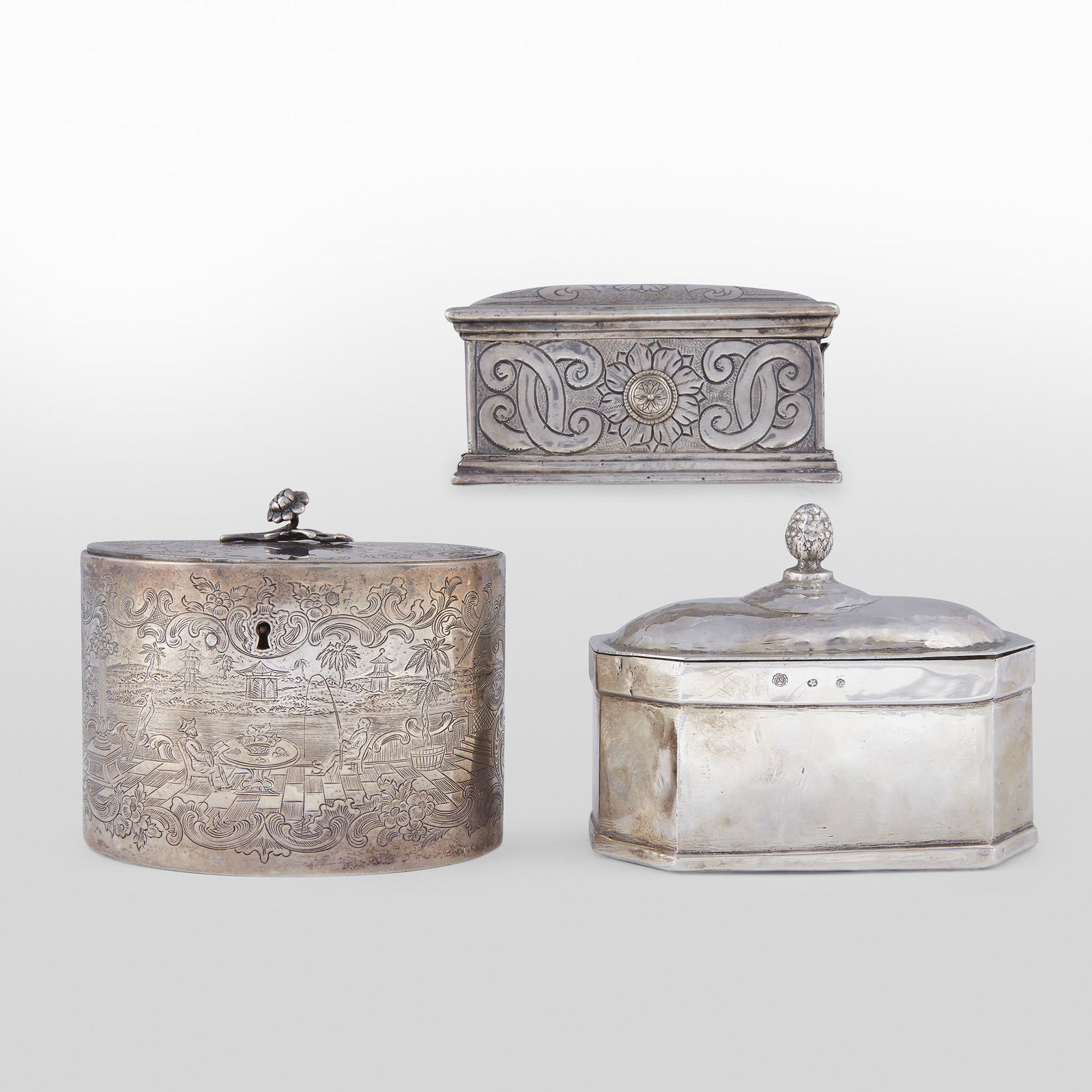 Group of three silver boxes/tea caddies, Spanish, (1 of 1)