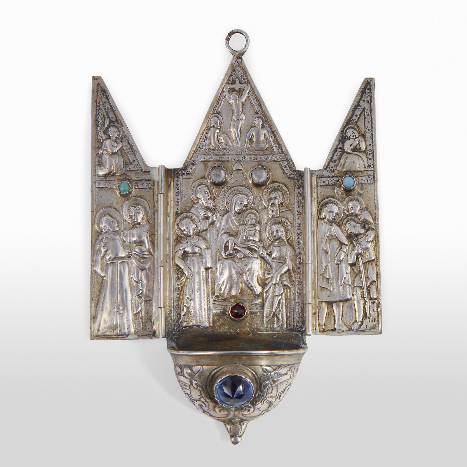 An .800 silver holy water well, 19th/20th century: An .800 silver holy water well. 19th/20th century. Mounted with semiprecious/glass cabochons. L: 6 in., W: open: 4 1/4 in., Weight: 2.705 oz. t. (weighable silver font) PROVENANCE: By descent in the M