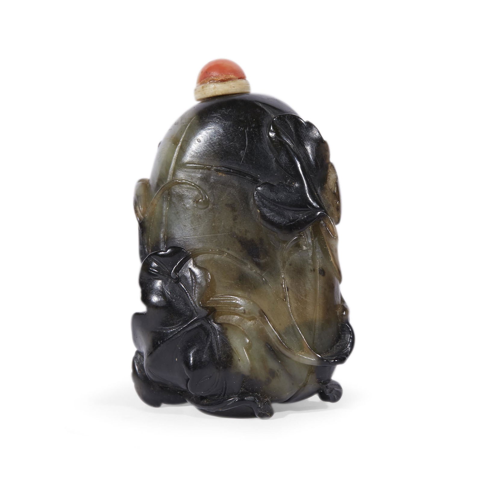 A Chinese carved grey and black jade "Melon" snuff (1 of 2)