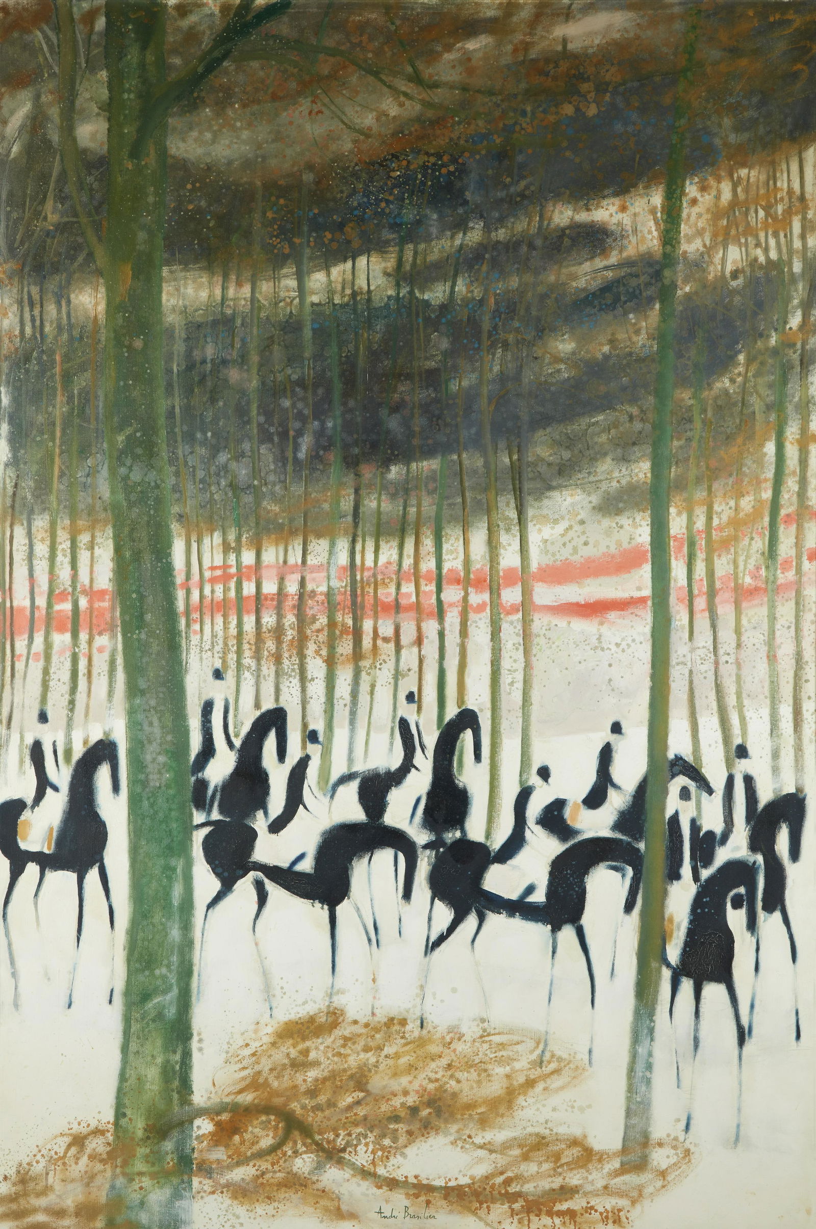 André Brasilier (French, born 1929), Cavaliers sur la: André Brasilier (French, born 1929) Cavaliers sur la Neige Signed and dated 1969 bottom center, oil on canvas. 76 1/4 x 50 9/16 in. (193.7 x 128.4cm) PROVENANCE: Findlay Associates, New York, New Yor