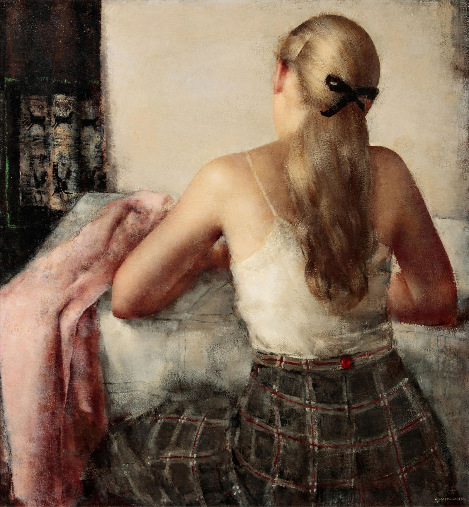 Grigory Gluckmann (Russian, 1898-1973) Jeune Fille : Grigory Gluckmann (Russian, 1898-1973) Jeune Fille oil on board signed Gluckmann (lower right) 26 x 24 inches. Provenance: Dalzell Hatfield Galleries, Los Angeles Exhibited: Palm Springs, California