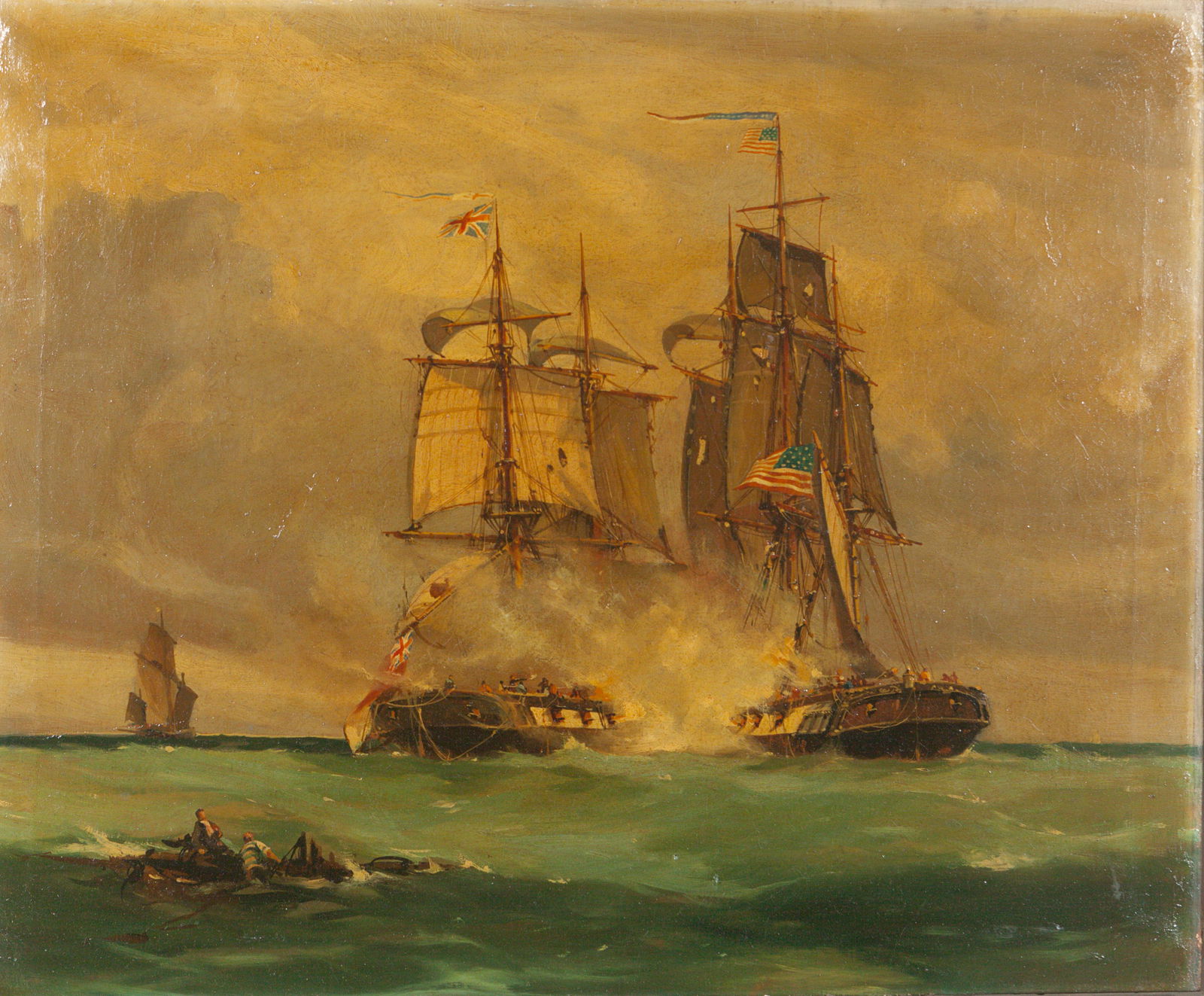 Thomas Whitcombe (British, c. 1760-1824) Battle Scene: Thomas Whitcombe (British, c. 1760-1824) Battle Scene in the English Channel between American Ship "Wasp" and the English Brig "Reindeer", 1812 oil on canvas 30 x 20 inches. Provenance: George F. Hard