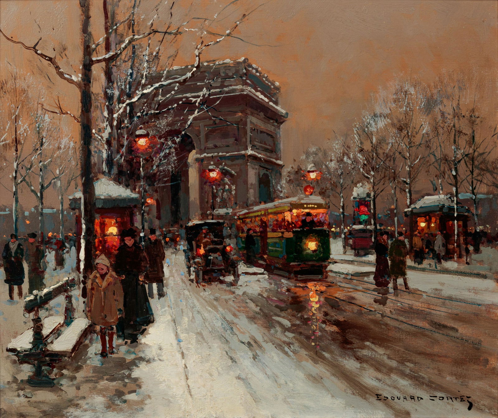 Edouard Leon Cortes (French, 1882-1969) Avenue de: Edouard Leon Cortes (French, 1882-1969) Avenue de Friedland, Snow oil on canvas signed Edouard Cortes (lower right) 18 x 21 1/2 inches. Provenance: The artist Findlay Galleries, Chicago, 1961 (Inv. E