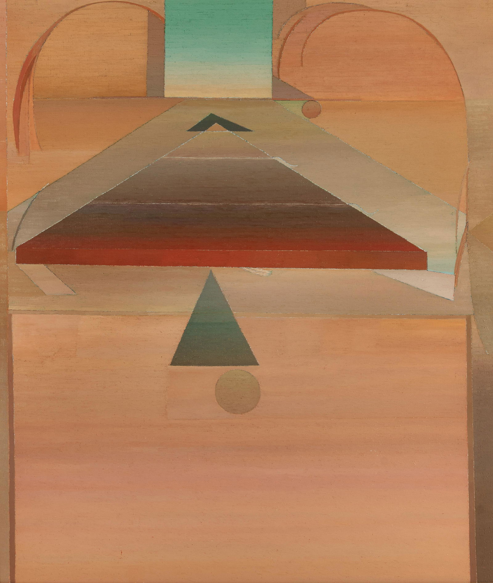 Miyoko Ito (American, 1918-1983) Pyramid for Stevens: Miyoko Ito (American, 1918-1983) Pyramid for Stevens oil on canvas titled (verso) 47 x 39 1/2 inches.