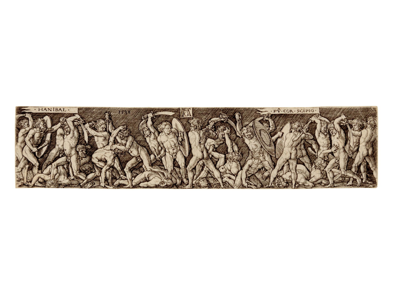 Heinrich Aldegrever (German, 1502 - ca. 1561) Hannibal: Heinrich Aldegrever (German, 1502 - ca. 1561) Hannibal Fighting Scipio, 1538 engraving 2 x 8 inches. Property from the Collection of Rhoda H. Clark and The Monastery Hill Bindery