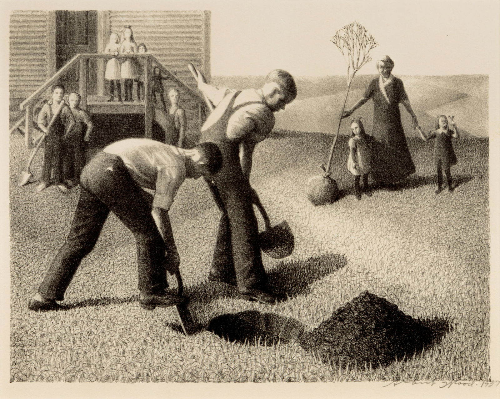 Grant Wood (American, 1891-1942) Tree Planting Group, (1 of 2)