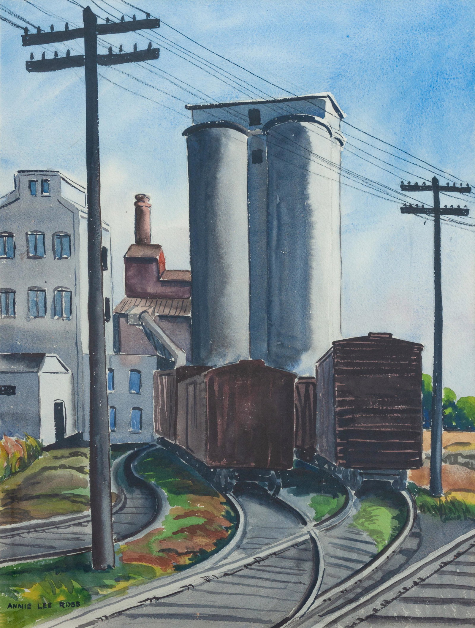Annie Lee Ross (American, 1909-1978) Buildings with: Annie Lee Ross (American, 1909-1978) Buildings with Grain Elevator, watercolor on paper, signed Annie Lee Ross (lower left) 24 x 17 1/2 inches