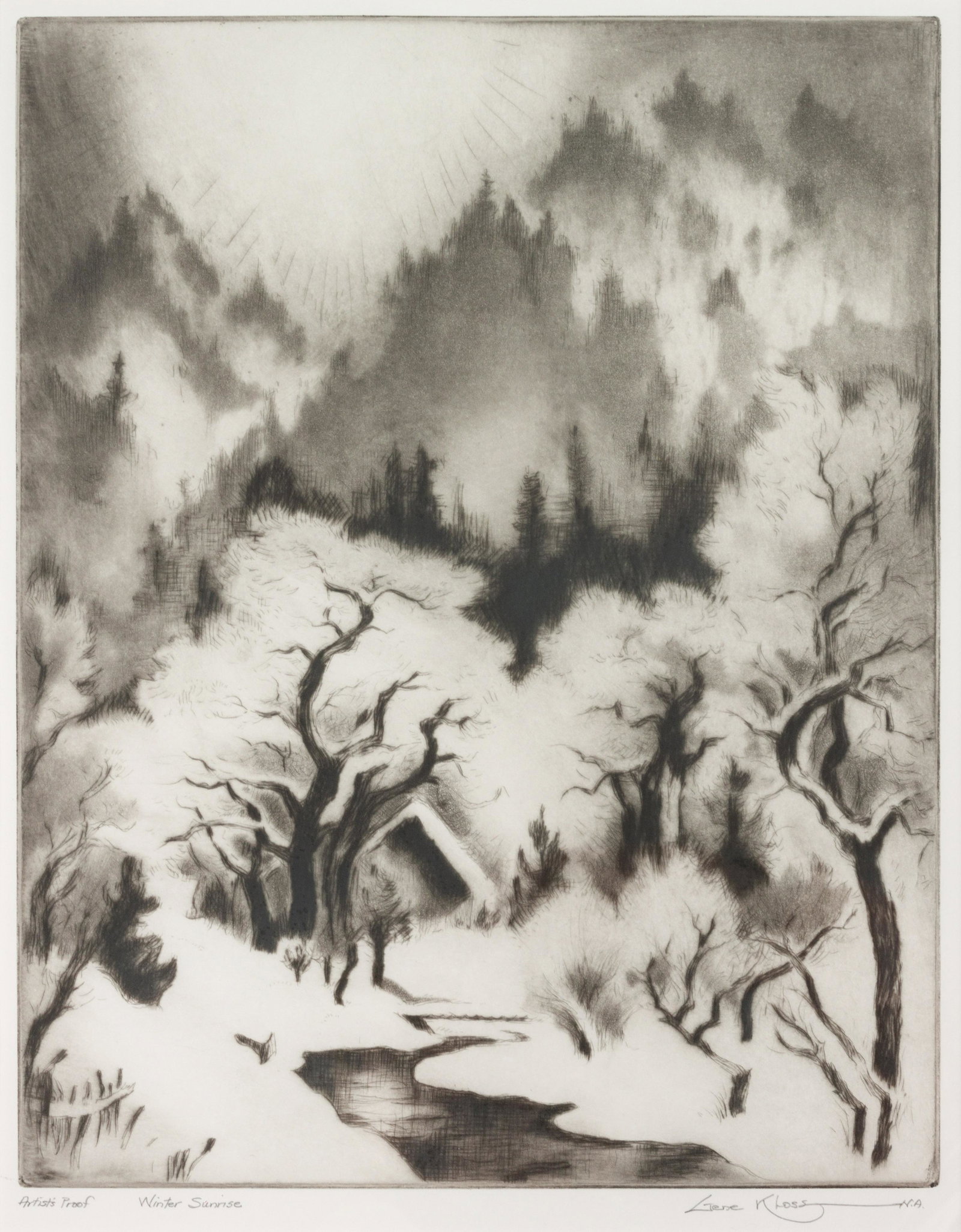 Gene Kloss (American, 1903-1996) Winter Sunrise,: Gene Kloss (American, 1903-1996) Winter Sunrise, Artist's Proof, etching, signed Gene Kloss (lower right) and titled and numbered (lower right) 14 x 11 inches Property from the Collection of Ladd and 