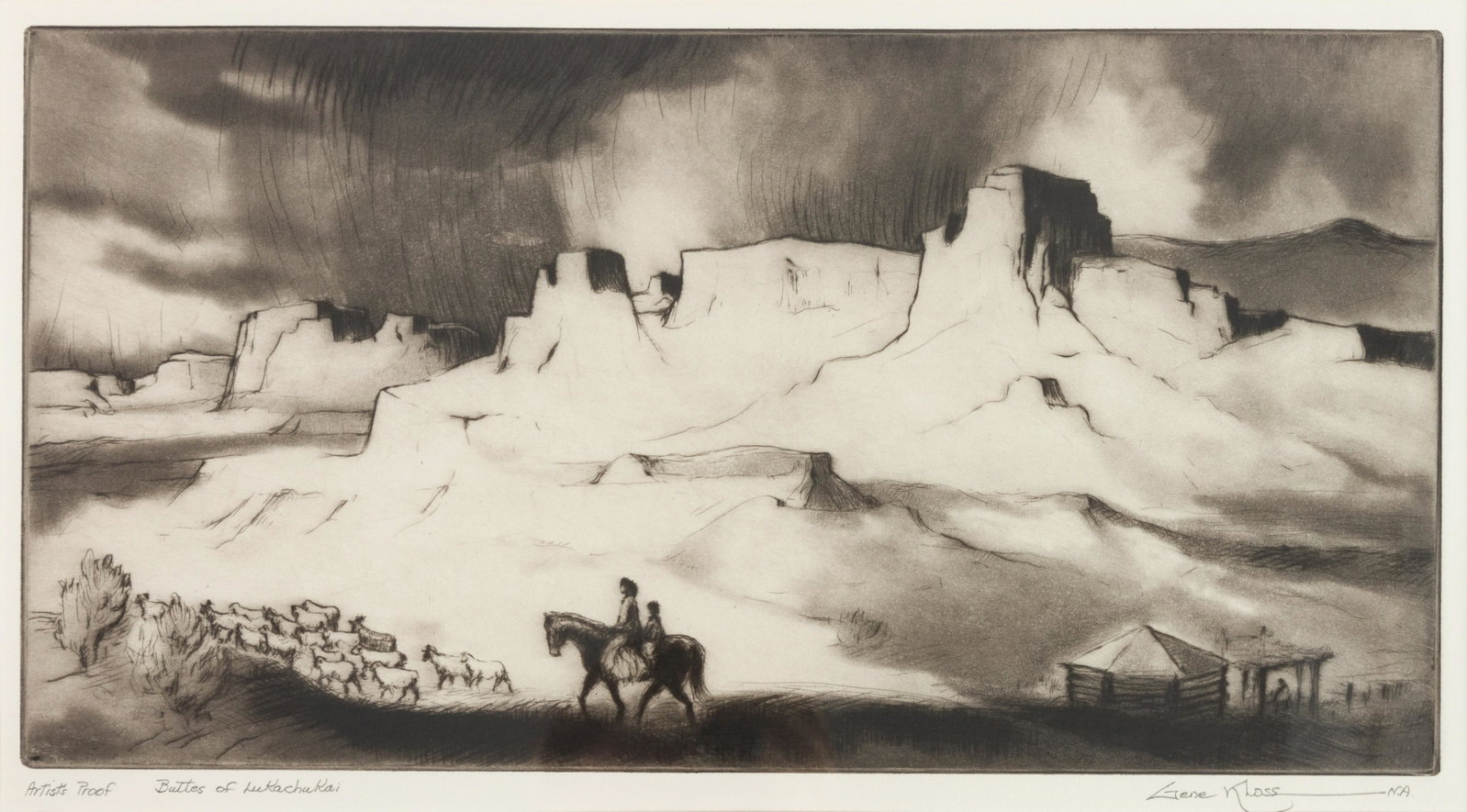 Gene Kloss (American, 1903-1996) Buttes of Lukachukai,: Gene Kloss (American, 1903-1996) Buttes of Lukachukai, Artist's Proof, etching, signed Gene Kloss (lower right) and titled and numbered (lower left) 8 x 15 inches Property from the Collection of Ladd 