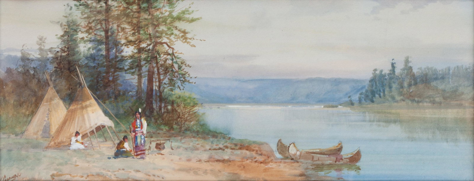 Victor Casenelli (American, 1868-1961) Family Camp : Victor Casenelli (American, 1868-1961) Family Camp, tempera on paper, signed V. Casenelli (lower left) 4 1/4 x 13 inches