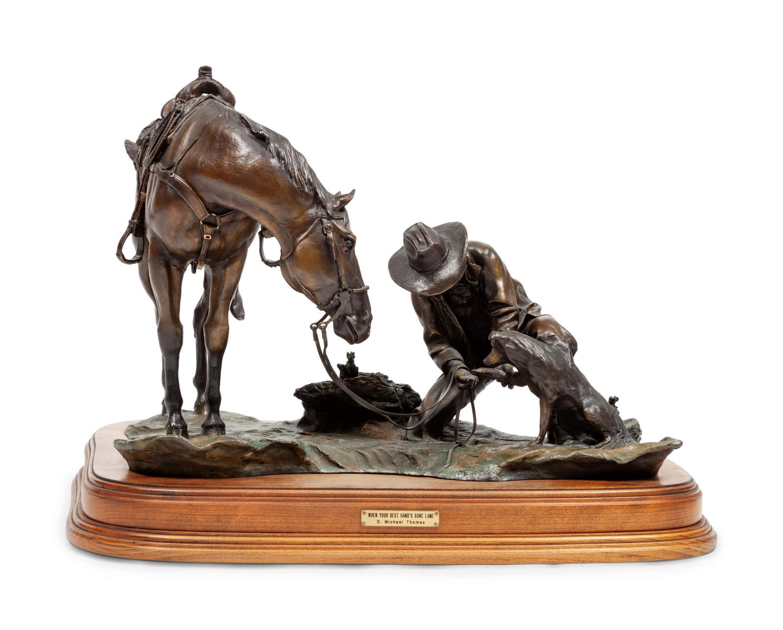 Michael Thomas (American, b. 1954) When Your Best: Michael Thomas (American, b. 1954) When Your Best Hand's Gone Lame, edition 28/35, bronze, signed D Michael Thomas (base) overall height 15 x width 20 x depth 16 inches