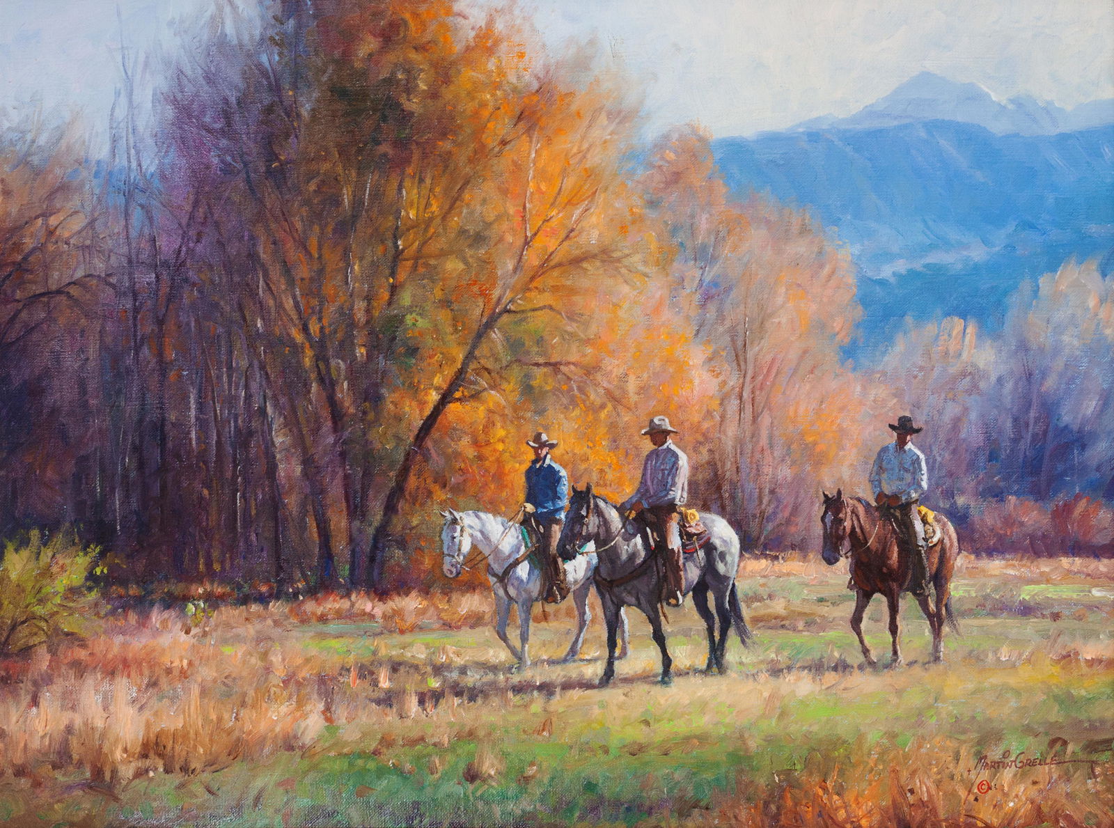 Martin Grelle (American, b. 1954) Cowboy Autumn: Martin Grelle (American, b. 1954) Cowboy Autumn, oil on canvas, signed Martin Grelle (lower right) 14 x 23 1/2 inches Property from the Dewar Family Collection, Overland Park, KS
