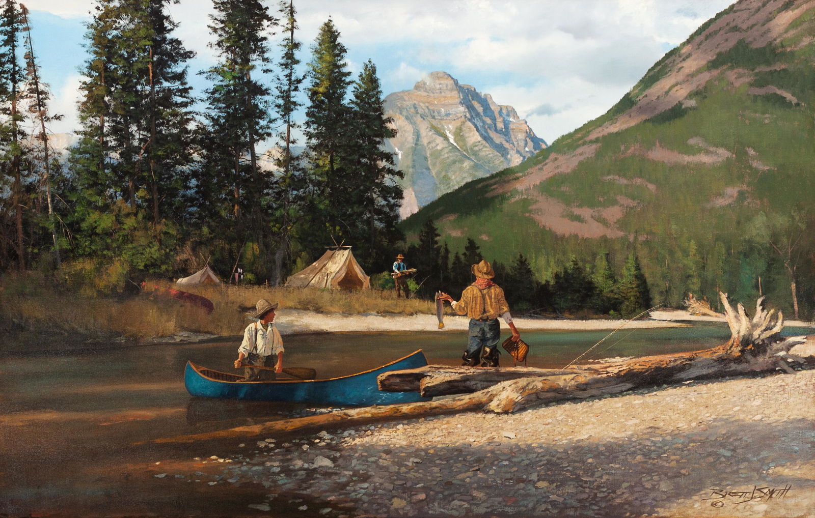 Brett James Smith (American, b. 1958) Camp Fisherman: Brett James Smith (American, b. 1958) Camp Fisherman, oil on canvas, signed Brett J. Smith (lower right) 32 x 50 inches Property sold to benefit the Acquisitions Fund of the Buffalo Bill Center of