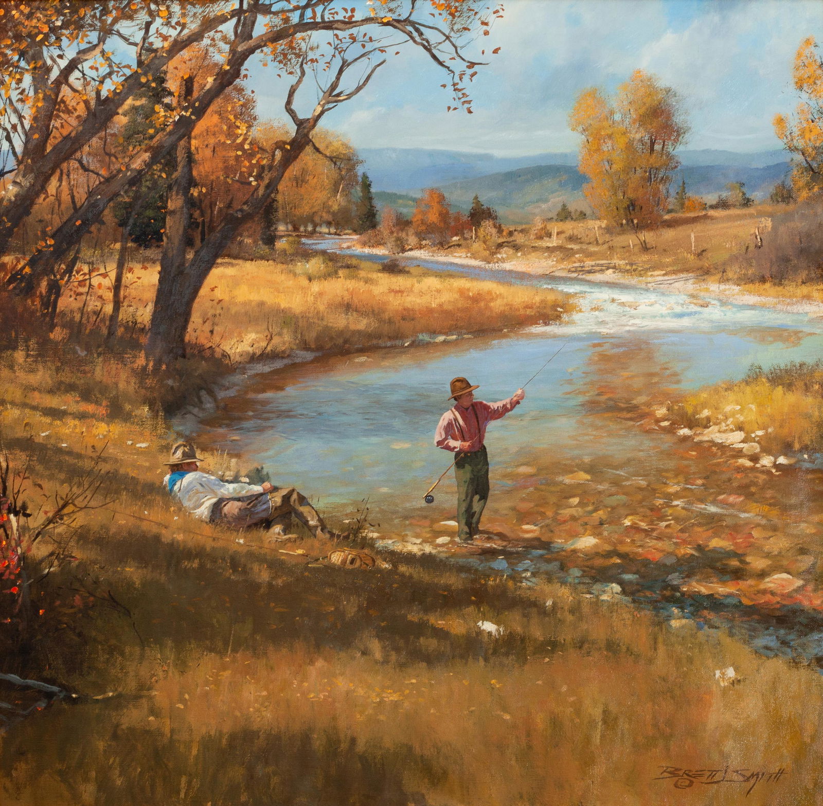 Brett James Smith (American, b. 1958) A Day Off on Fall: Brett James Smith (American, b. 1958) A Day Off on Fall River, oil on canvas, signed Brett J. Smith (lower right) 24 x 24 inches Provenance: Purchased at Buffalo Bill Art Show & Sale Property sold t