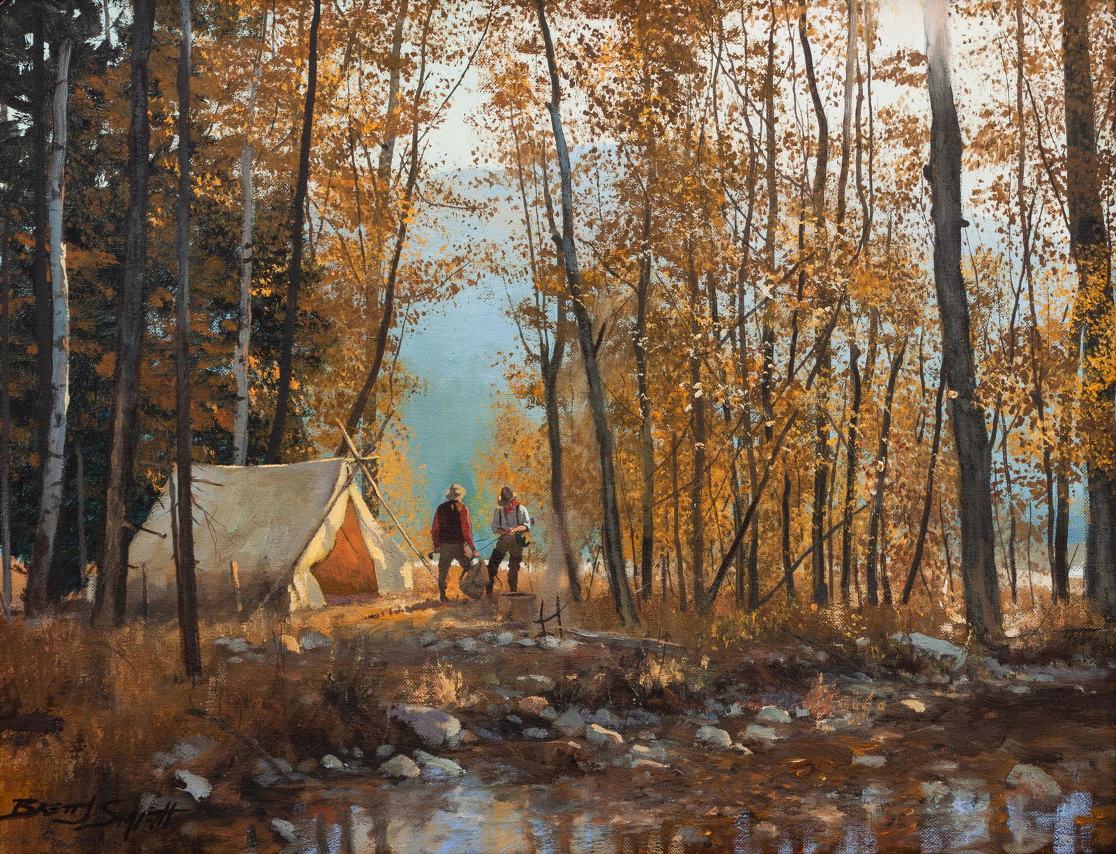 Brett James Smith (American, b. 1958) Camp in the: Brett James Smith (American, b. 1958) Camp in the Morning, oil on canvas, signed Brett J. Smith (lower left) 14 x 18 inches Provenance: The Legacy Gallery Property sold to benefit the Acquisitions F