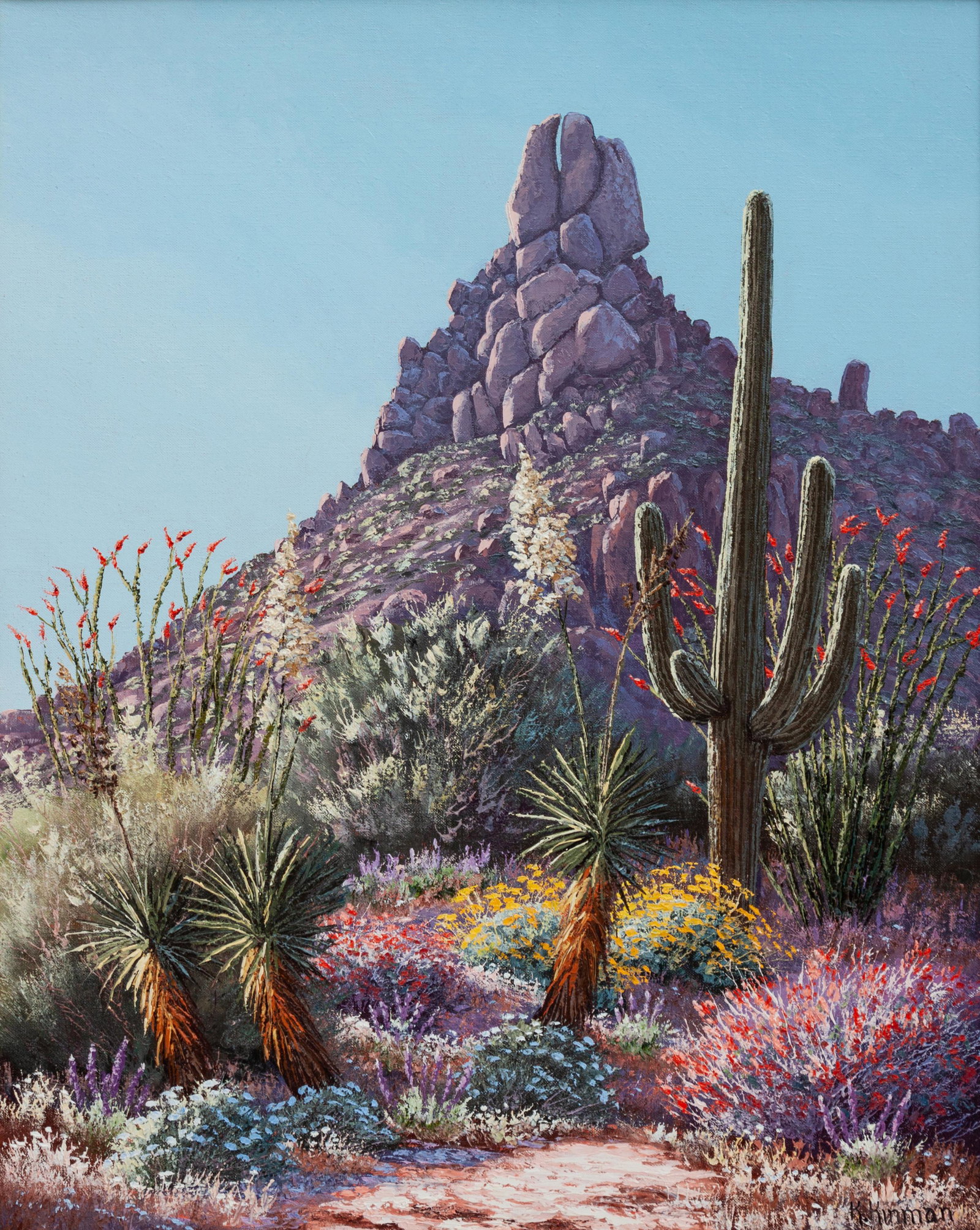 Kerry Kinman (American, 1946-2008) Southeast Pinnacle: Kerry Kinman (American, 1946-2008) Southeast Pinnacle Peak, Springtime, oil on canvas, signed K. Kinman (lower right) and signed and titled (verso) 30 x 24 inches Property from a Private Estate, Scot