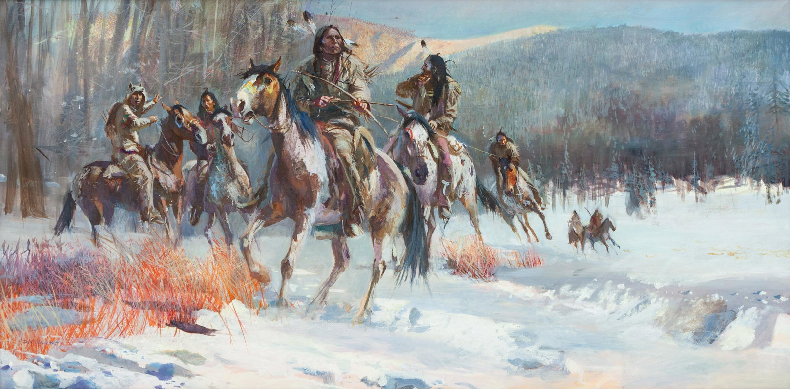 Guy Manning (American, b. 1936) Track of Many Ponies: Guy Manning (American, b. 1936) Track of Many Ponies, oil on canvas, signed Guy Manning (lower left) 24 x 48 inches Property from a Private Estate, Scottsdale, Arizona