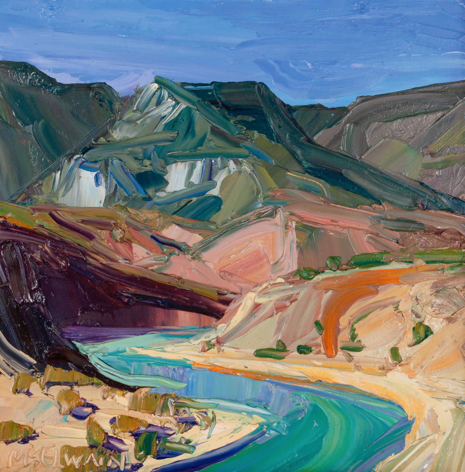 Louisa McElwain (American, 1953-2013) Desert River Bend: Louisa McElwain (American, 1953-2013) Desert River Bend, oil on canvas, signed McElwain (lower left) and signed and titled (verso) 12 x 12 inches
