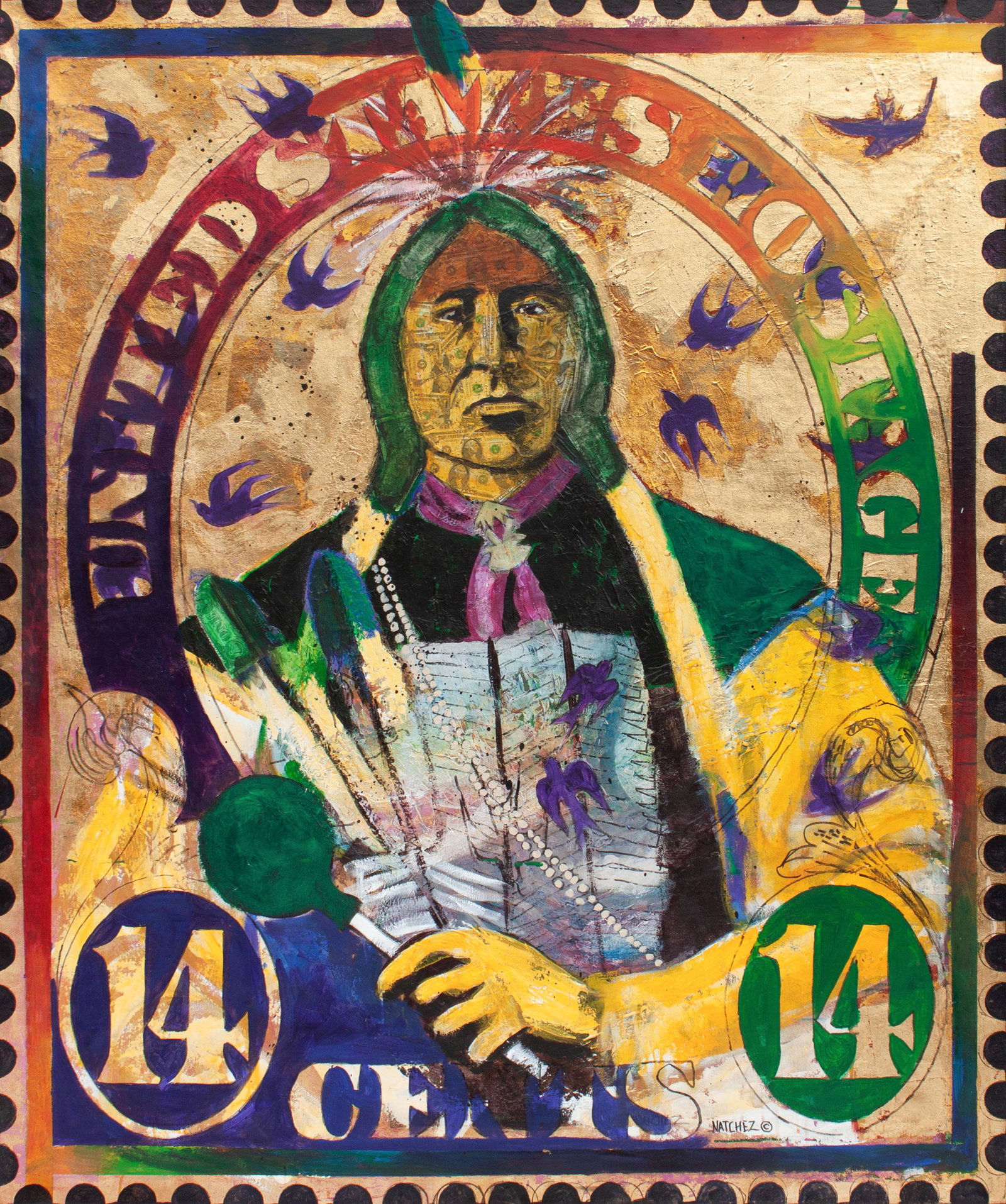 Stan Natchez (Shoshone/Paiute, b. 1947) Two Hatchets on: Stan Natchez (Shoshone/Paiute, b. 1947) Two Hatchets on Gold Leaf, mixed media on canvas, signed Natchez (lower right) 62 x 73 inches Property from a Private Collection