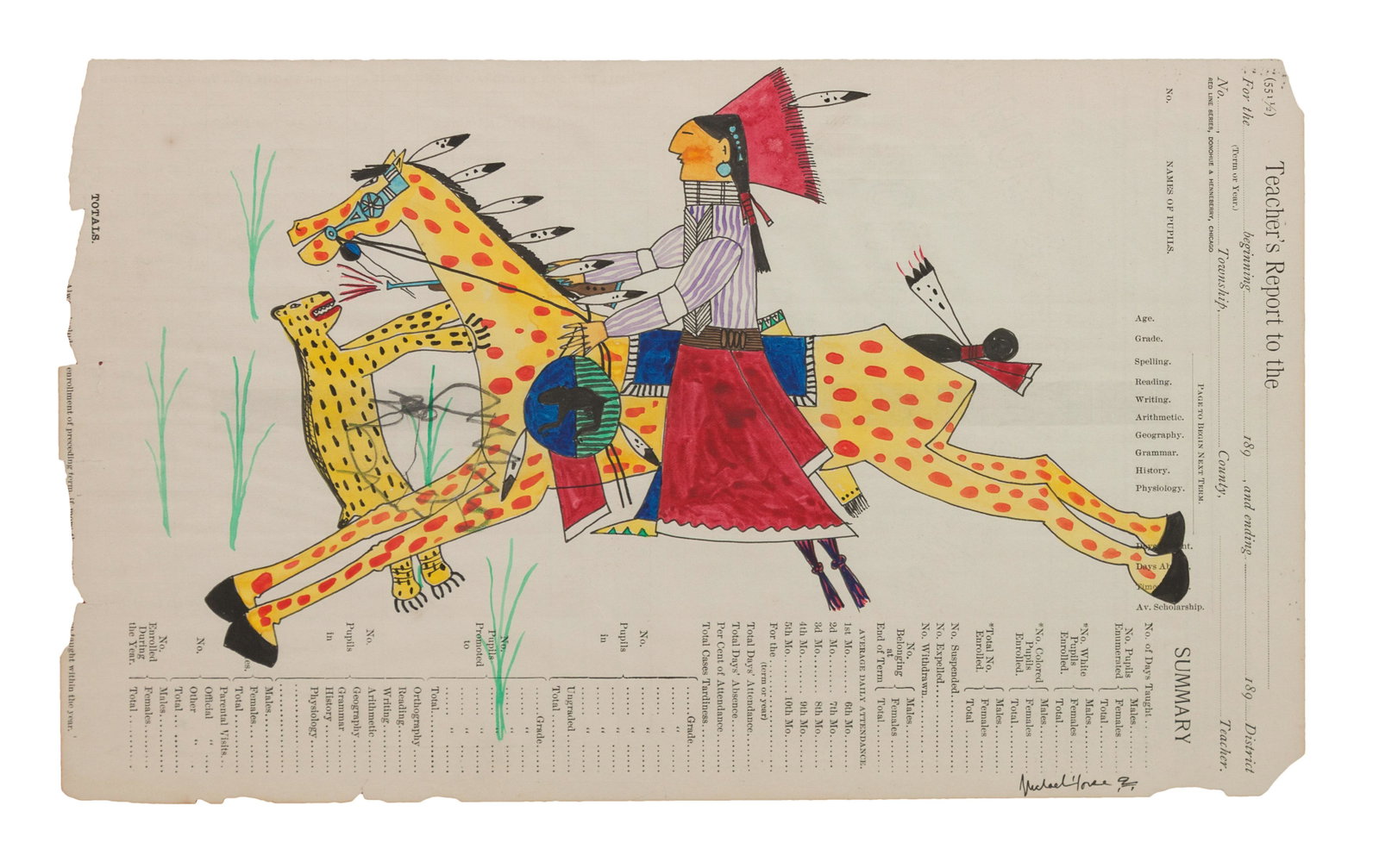 Michael Horse (American, b. 1951) Warrior Fighting: Michael Horse (American, b. 1951) Warrior Fighting Cougar, watercolor on ledger paper, signed Michael Horse (lower right) 8 x 13 1/2 inches
