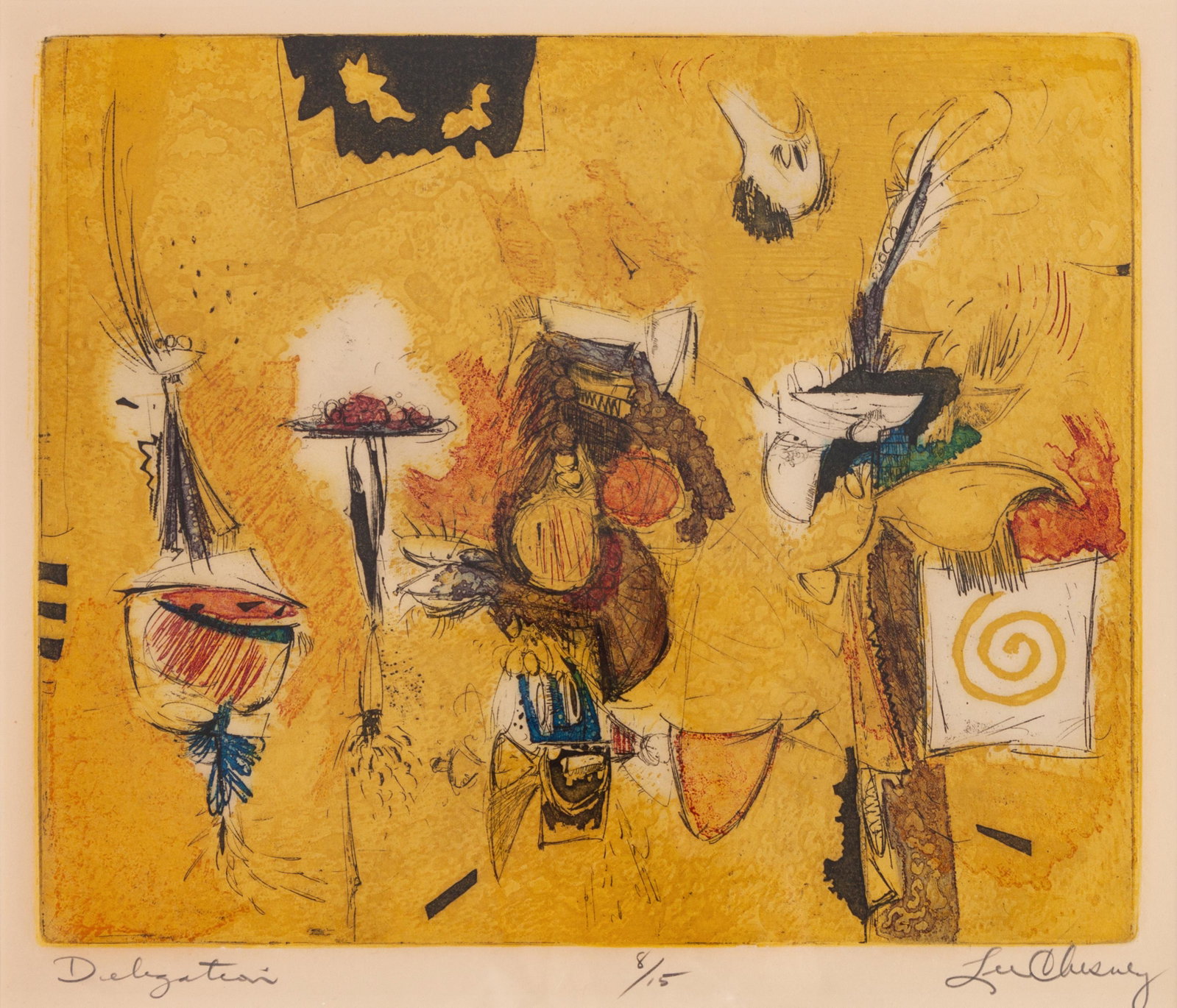 Lee Chesney (American, 1920-2016) Delegation, edition: Lee Chesney (American, 1920-2016) Delegation, edition 8/15, 1950, color intaglio print, signed Lee Chesney (lower right) and titled and numbered (lower left) 14 x 17 3/4 inches Property from an Impor