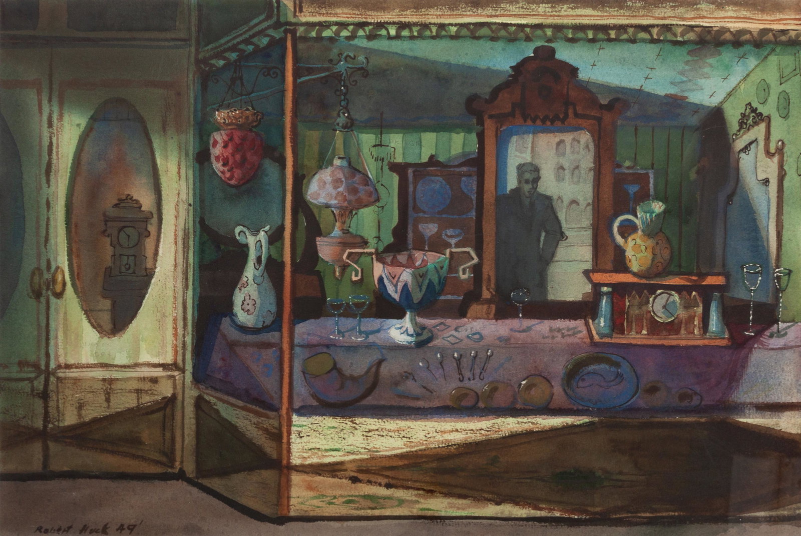 Robert Huck (American, 1923-1961) Antique Store, 1949: Robert Huck (American, 1923-1961) Antique Store, 1949, watercolor on paper, signed Robert Huck and dated (lower left) 14 x 20 inches Provenance: Exhibited at the Colorado Springs Art Guild, Colorado 