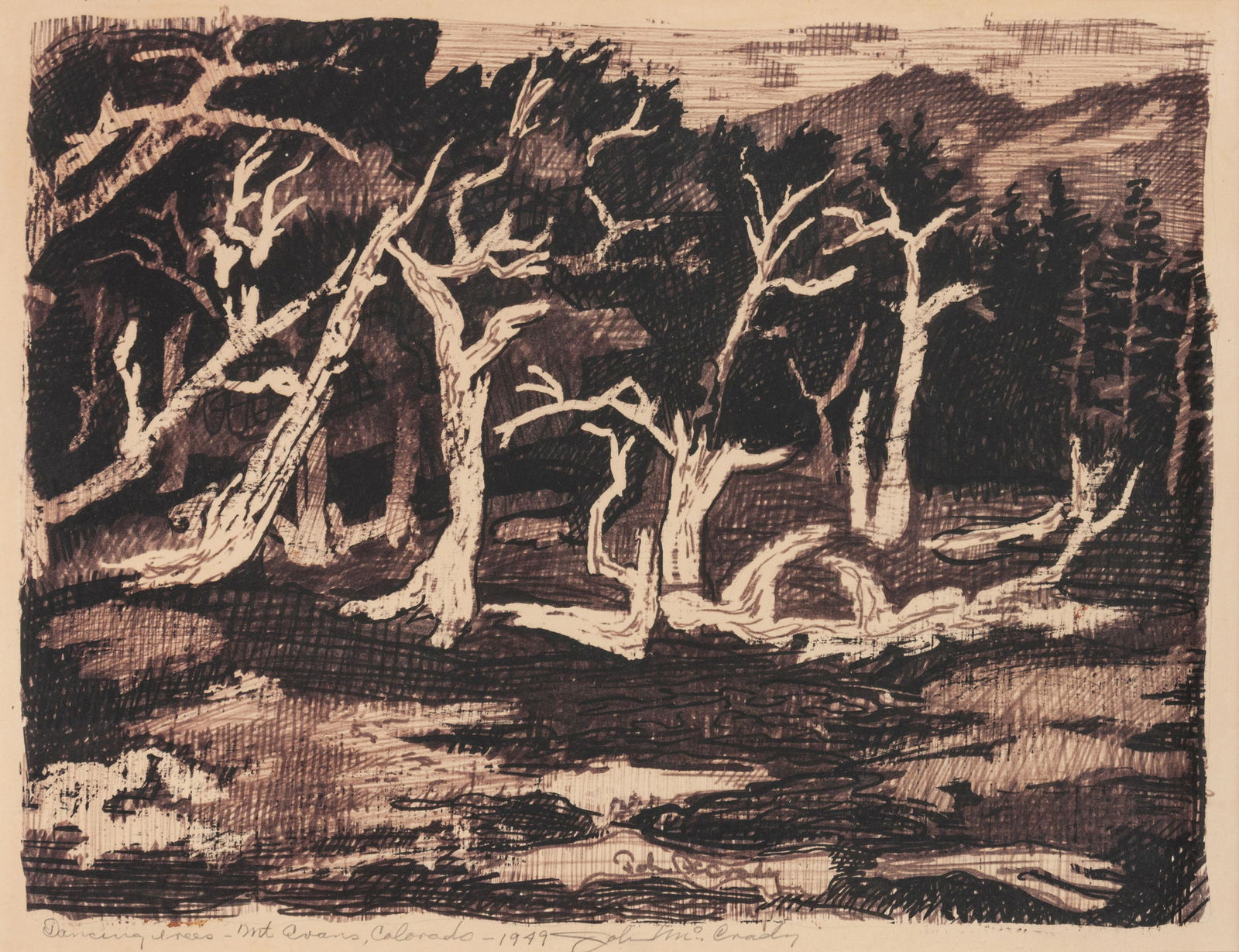 John McCrady (American, 1911-1968) Dancing Trees- Mt: John McCrady (American, 1911-1968) Dancing Trees- Mt Evans, Colorado, 1949, screen print on paper, signed John McCrady, titled and dated (lower left) 12 x 17 1/2 inches Property from an Important Priv
