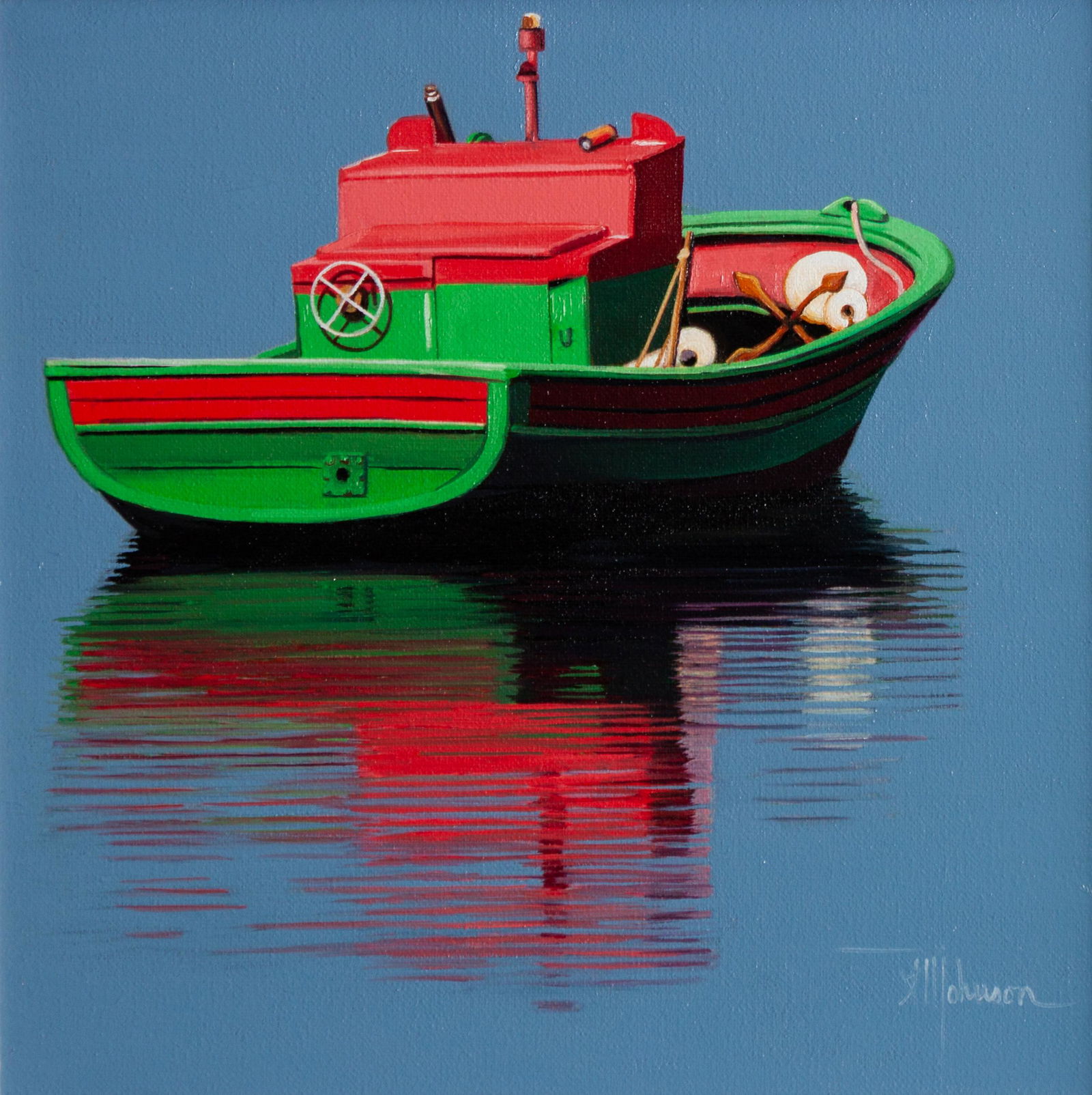 Roger Hayden Johnson (American, 20th Century) Fishing: Roger Hayden Johnson (American, 20th Century) Fishing Boat, oil on canvas, signed RH Johnson (lower right) and signed and titled (verso) 10 x 10 inches