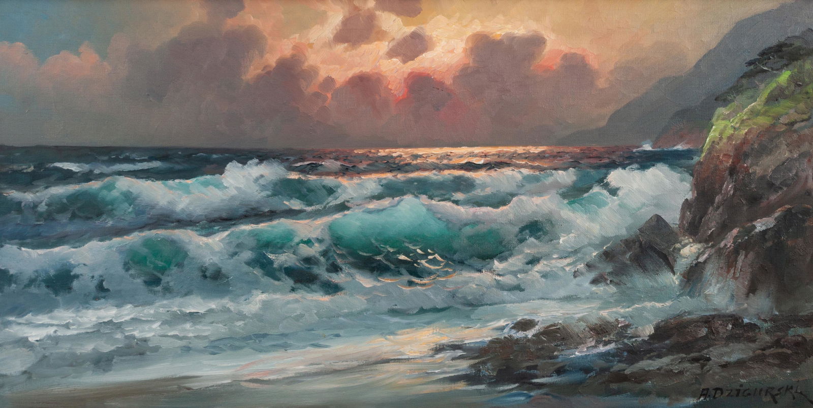 Alexander Dzigurski (Yugoslavian/American 1911-1995): Alexander Dzigurski (Yugoslavian/American 1911-1995) Seascape, oil on canvas, signed A. Dzigurski (lower right) 35 1/2 x 17 1/2 inches