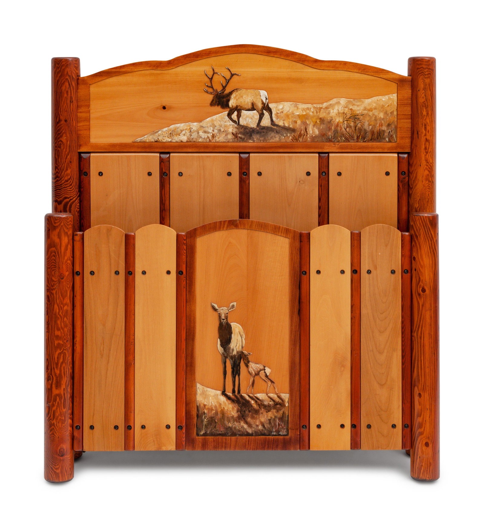 Wyoming Furniture Company Wyoming Furniture Company: Wyoming Furniture Company Twin Bed with routed and painted elk motif, circa 1960 headboard 41 3/4 x 40 Provenance: Connie Lockwood, Cody, Wyoming