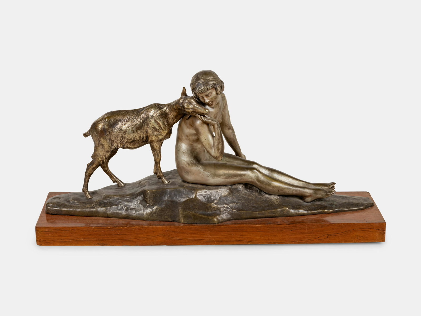 Pierre-Alexandre Morlon (French, 1878-1951) Figural: Pierre-Alexandre Morlon (French, 1878-1951) Figural Group silvered bronze, walnut inscribed 'A. Morlon' and 'Medallion d'honour' to base H 16 1/2 x W 32 inches Property from the Collection of David C.