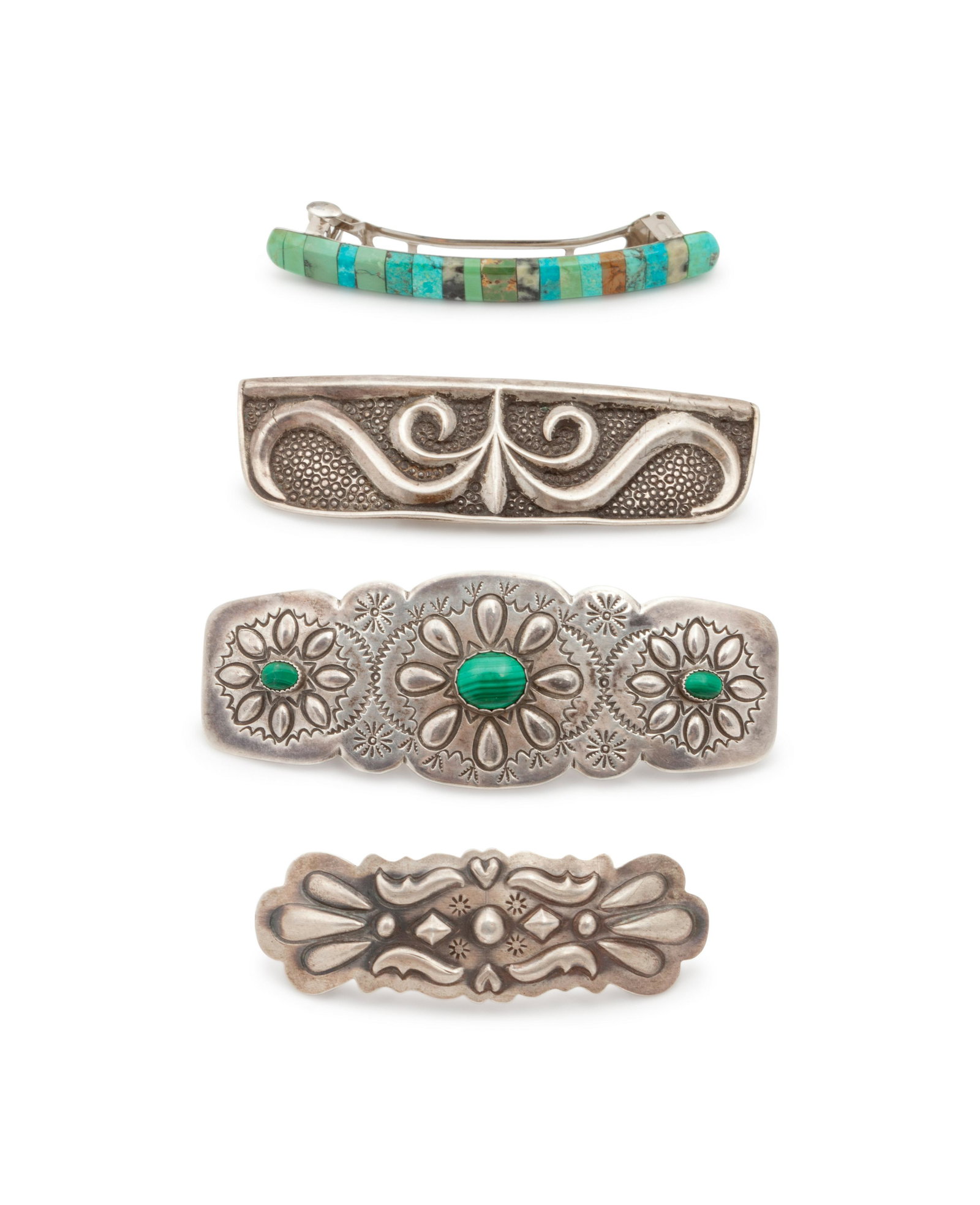 Navajo and Southwestern-Style Hair Clips : Navajo and Southwestern-Style Hair Clips THIRD QUARTER 20th CENTURY lot of 4, includes longest 4 inches, combined weight 69.7 dwt.