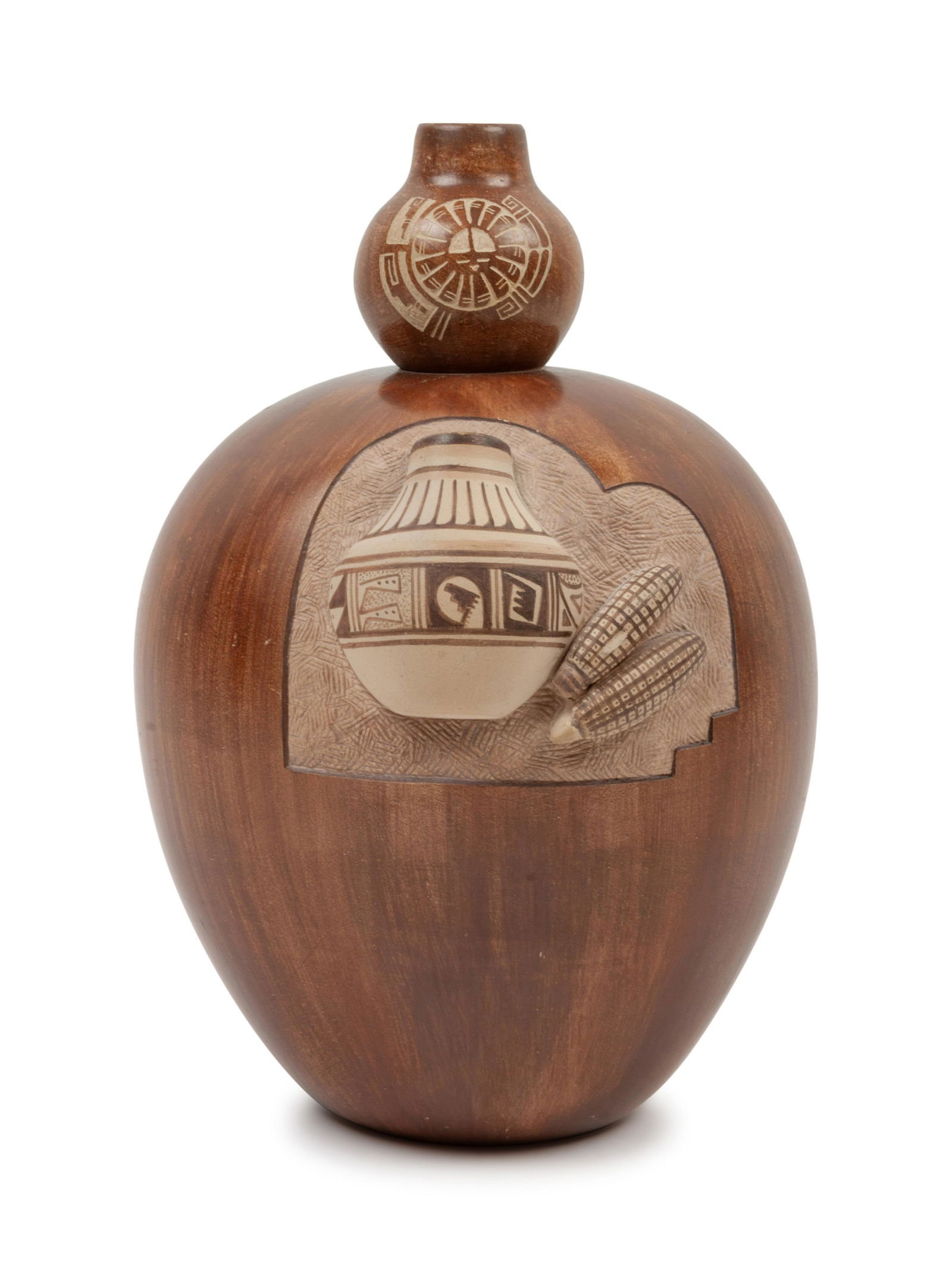 Gourd Form Redware Pottery Jar with a sgraffito lid and (1 of 3)