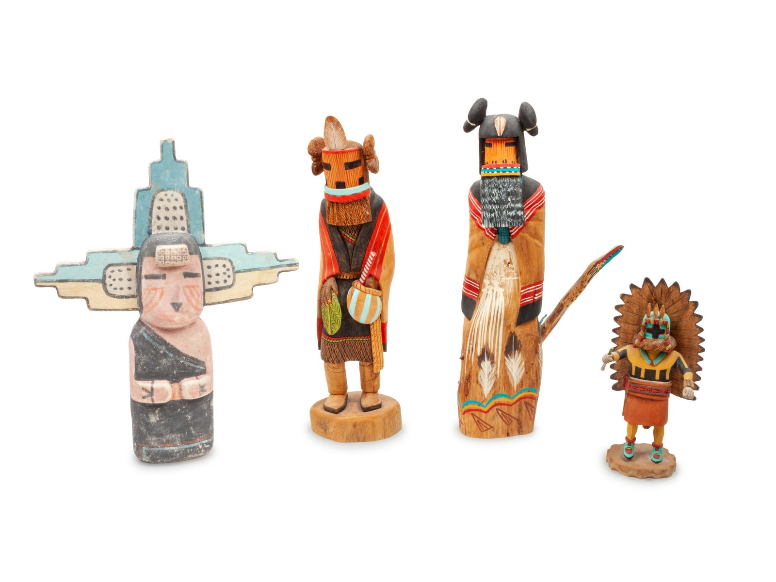 Contemporary Kachinas smallest height 8 inches; largest: Contemporary Kachinas Chasing Star by Preston Youvella (Hopi, b. 1967); Hemis Mana with black hair by R Dumyenie; Hemis Kachin Mana by Joe Gash smallest height 8 inches; largest height 14 inches