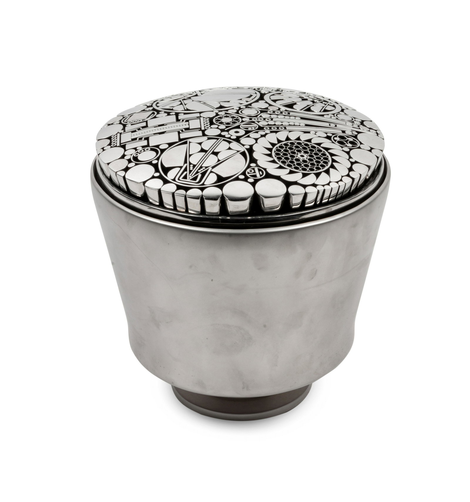 Arlie Regier (American, b. 1931) Chrome and Glass: Arlie Regier (American, b. 1931) Chrome and Glass Floral Top Cylinder, 1998, signed Regier and dated height 10 1/2 x diameter 10 1/2 inches Property from the Collection of Ted Taub