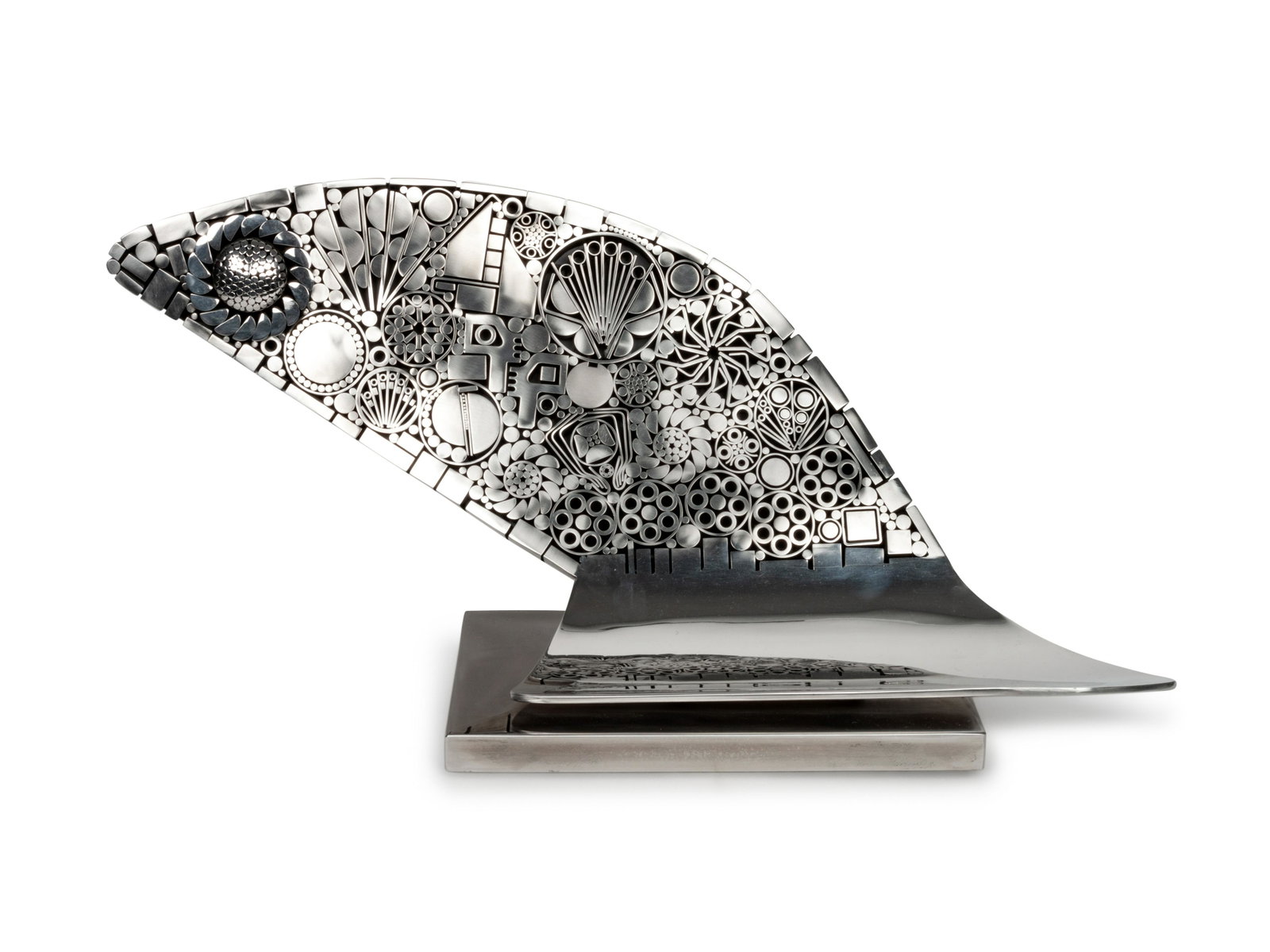 Arlie Regier (American, b. 1931) Chrome and Glass: Arlie Regier (American, b. 1931) Chrome and Glass Floral Curved Sculpture, 1999, signed Regier and dated (base) height 12 1/4 x width 29 x depth 8 1/4 inches Property from the Collection of Ted Taub